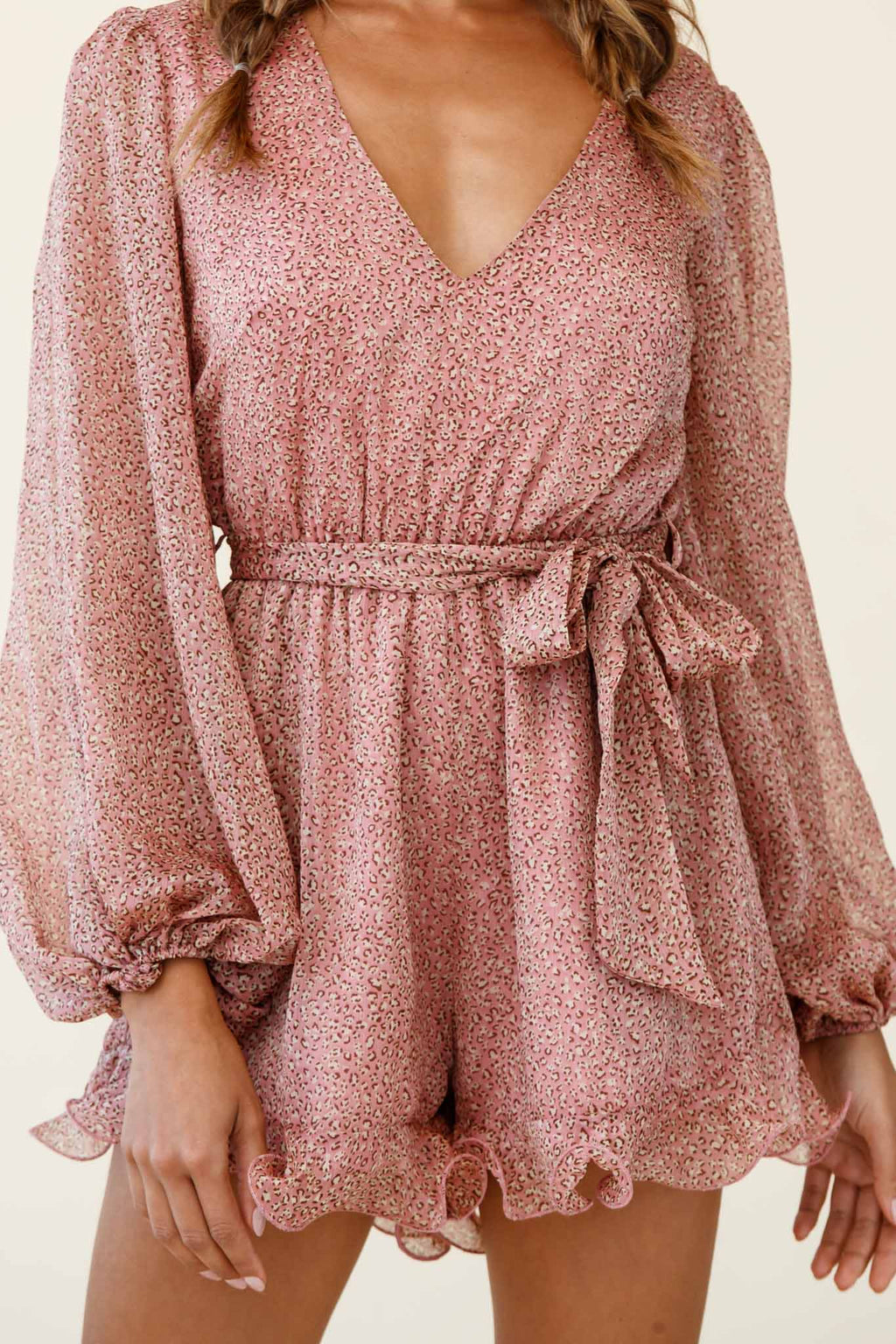 Hilda Long Sleeve Waist Tie Romper Leopard Print Blush by Selfie Leslie
