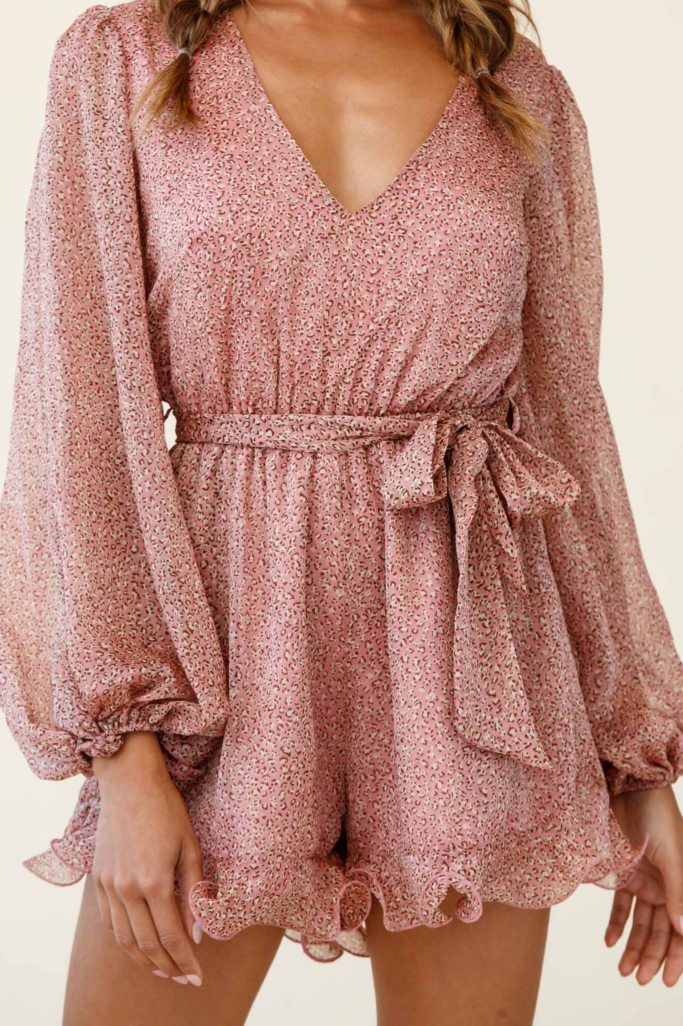 Hilda Long Sleeve Waist Tie Romper Leopard Print Blush by Selfie Leslie