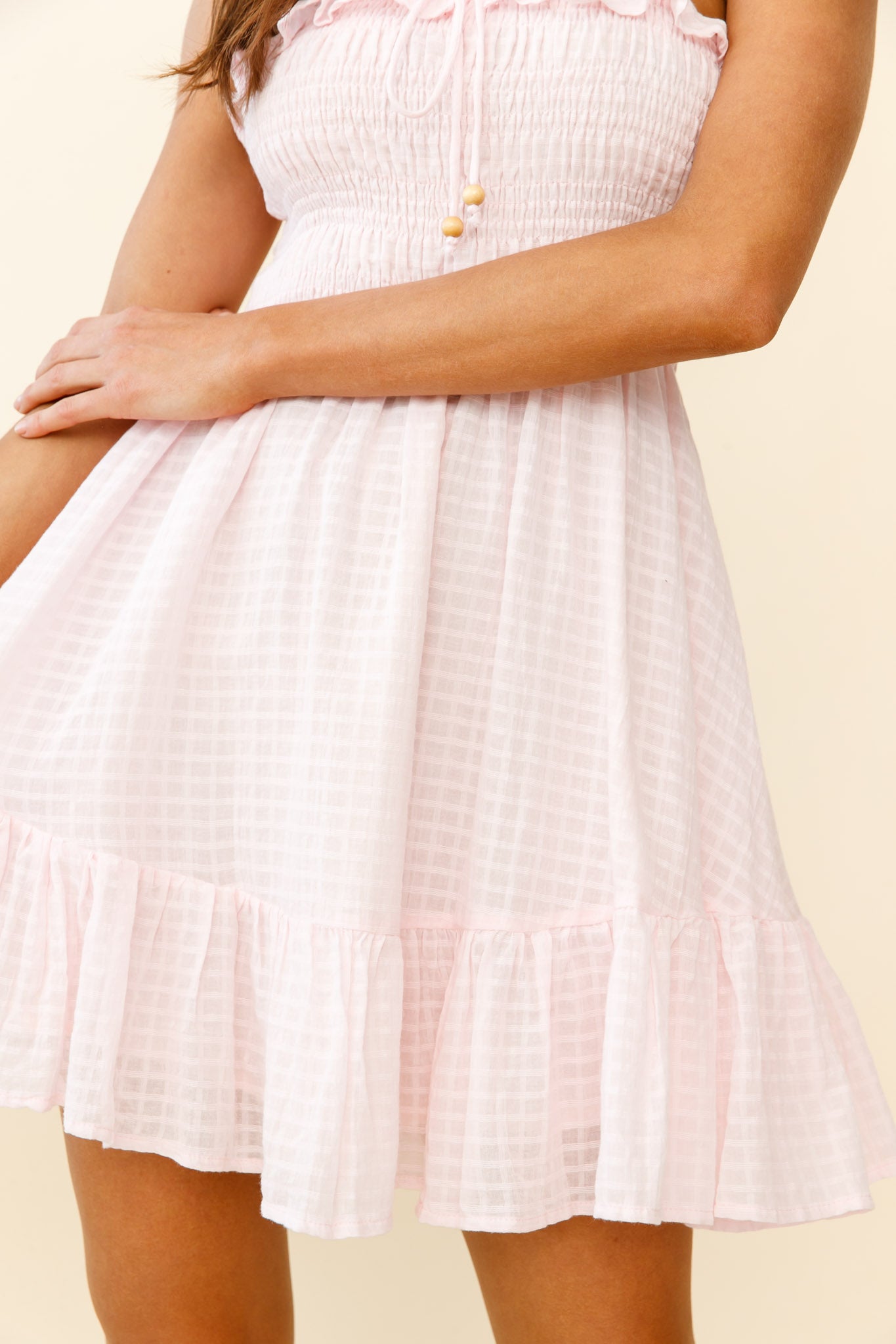 Flynn Frill Strap Shirred Bust Dress Baby Pink by Selfie Leslie