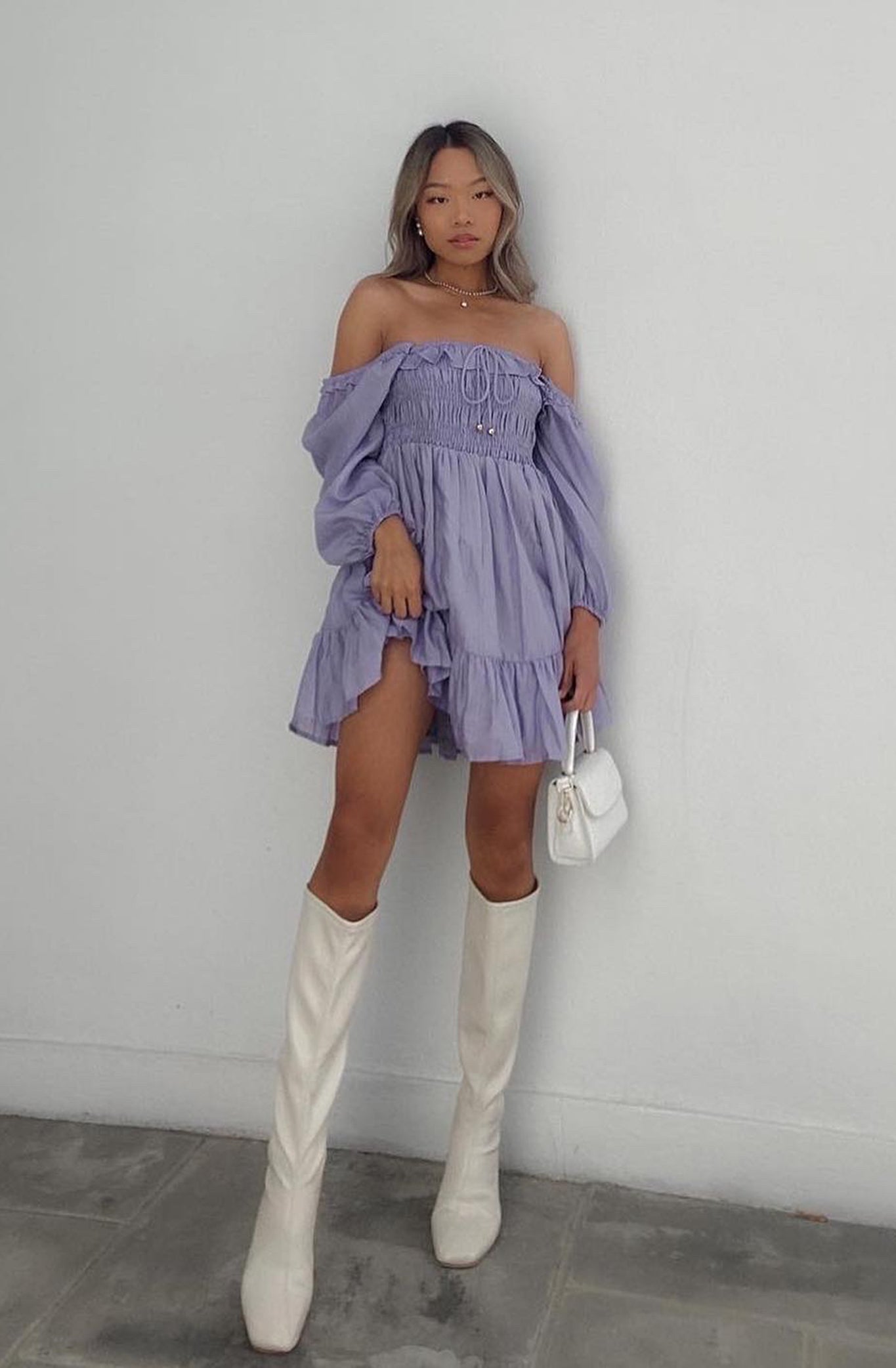Flynn Balloon Sleeve Shirred Bust Mini Dress Lavender by Selfie Leslie