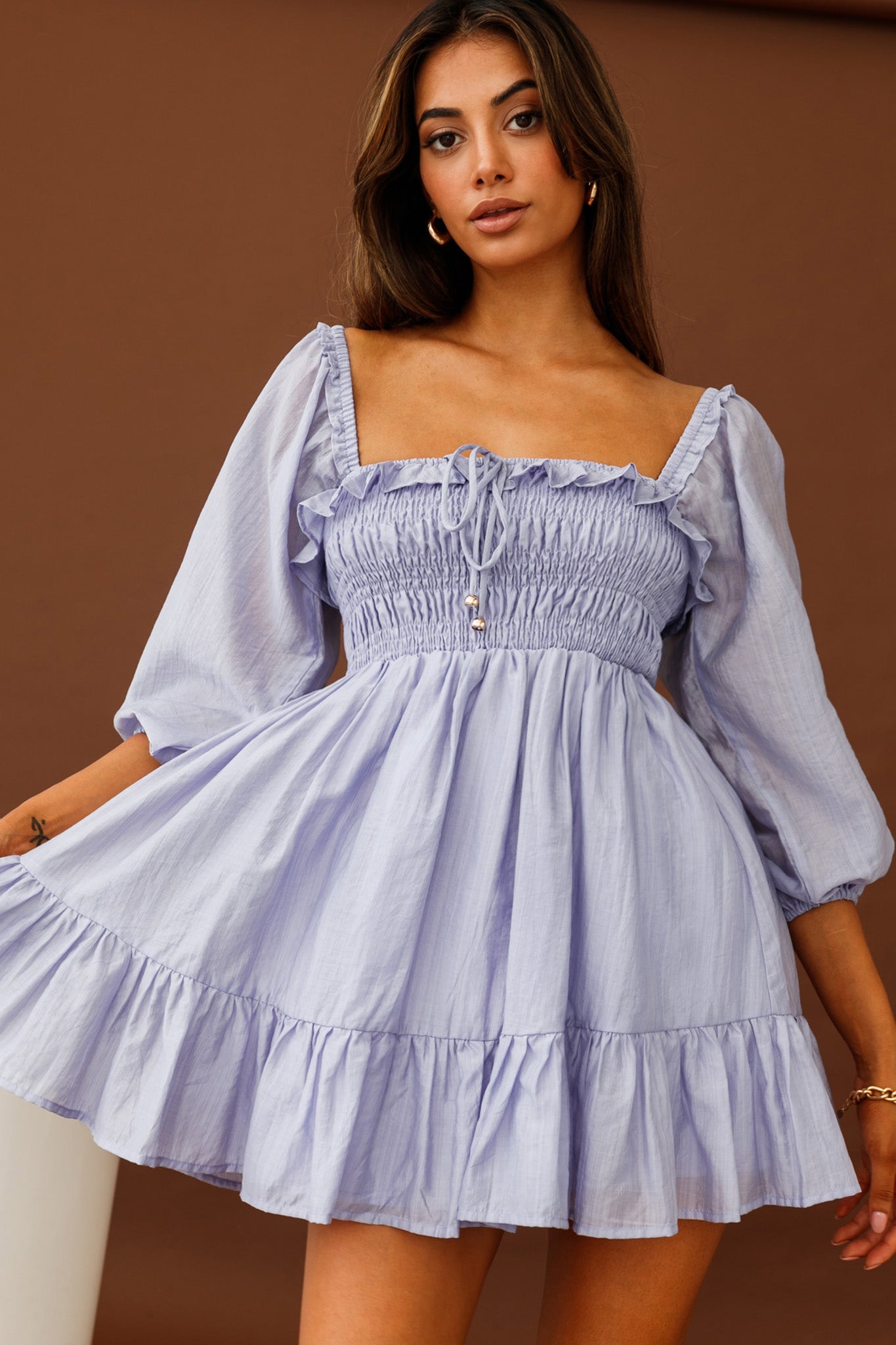 Flynn Balloon Sleeve Shirred Bust Mini Dress Lavender by Selfie Leslie