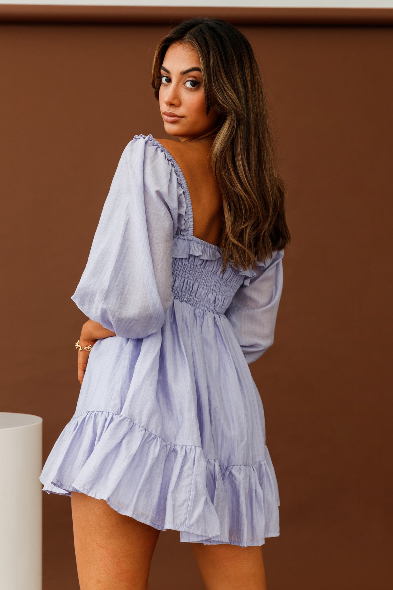 Shop the Flynn Balloon Sleeve Shirred Bust Mini Dress Lavender