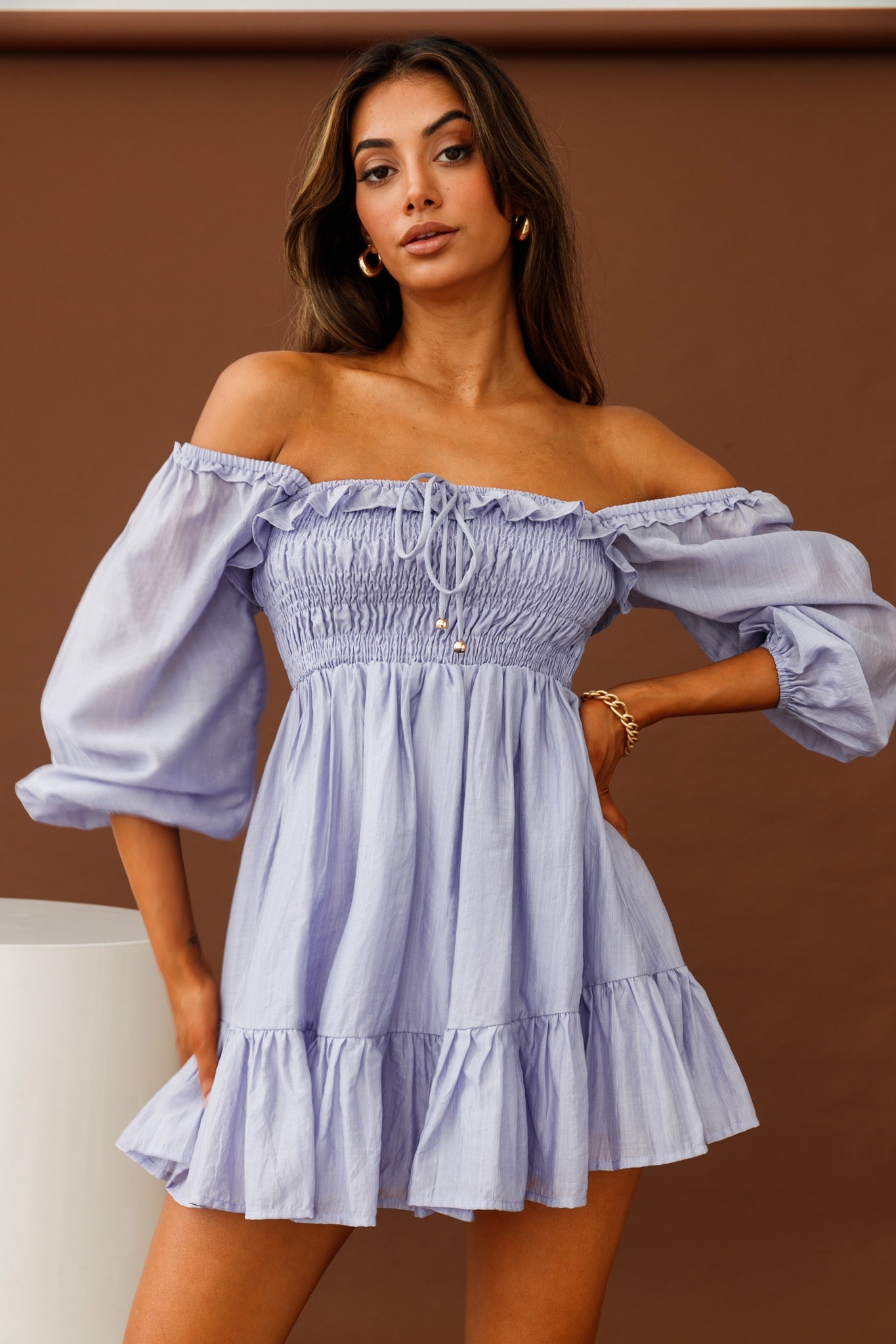 Flynn Balloon Sleeve Shirred Bust Mini Dress Lavender | Selfie Leslie