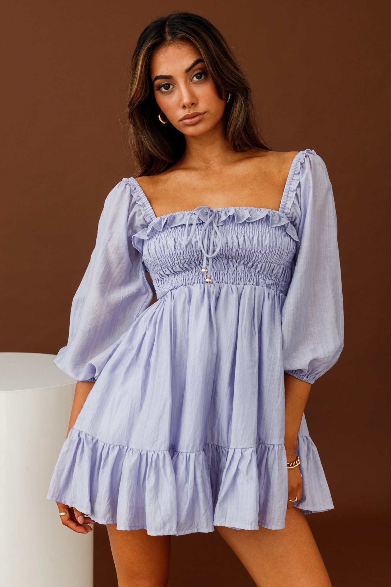 Flynn Balloon Sleeve Shirred Bust Mini Dress Lavender by Selfie Leslie