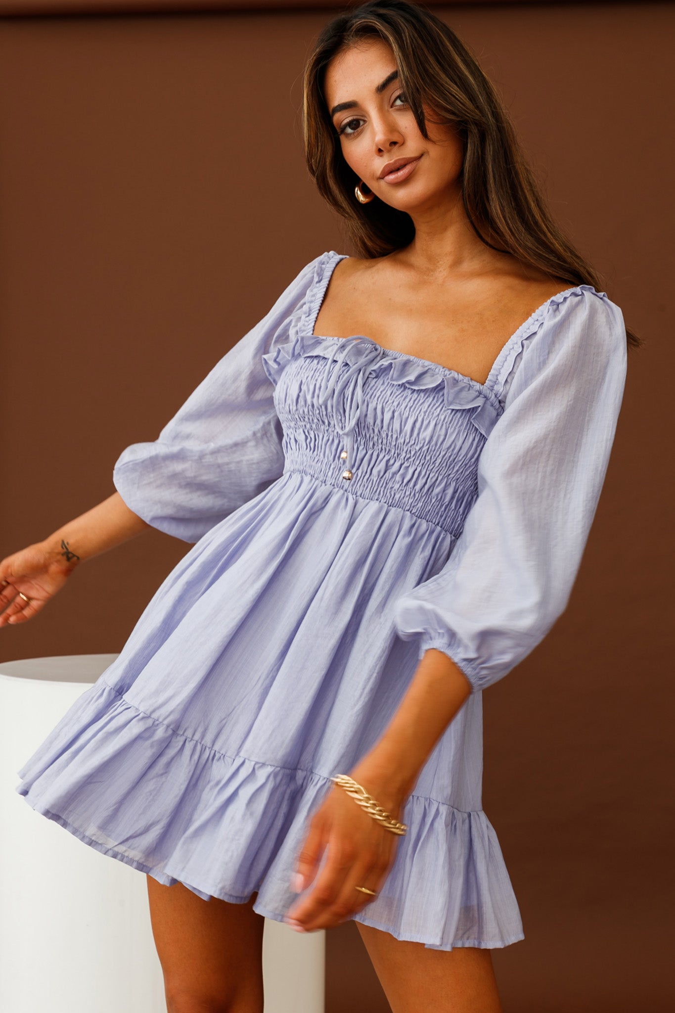Flynn Balloon Sleeve Shirred Bust Mini Dress Lavender by Selfie Leslie