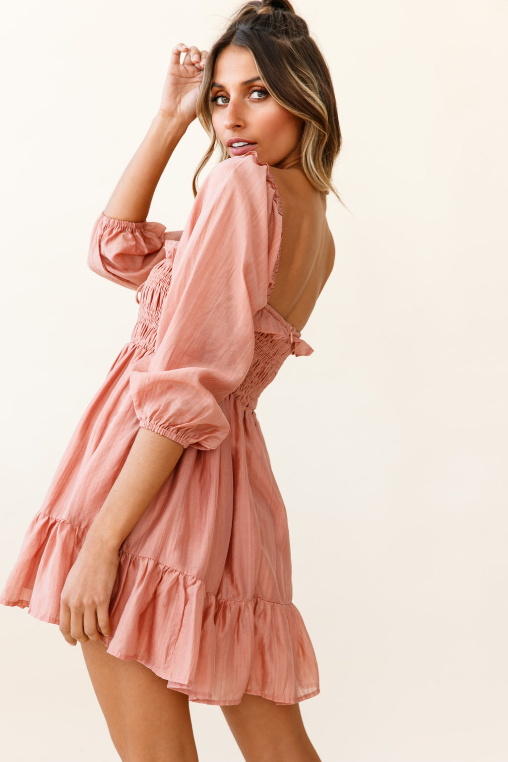 Flynn Balloon Sleeve Shirred Bust Mini Dress Mocha by Selfie Leslie