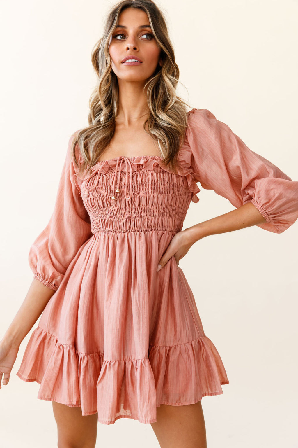 Flynn Balloon Sleeve Shirred Bust Mini Dress Mocha by Selfie Leslie