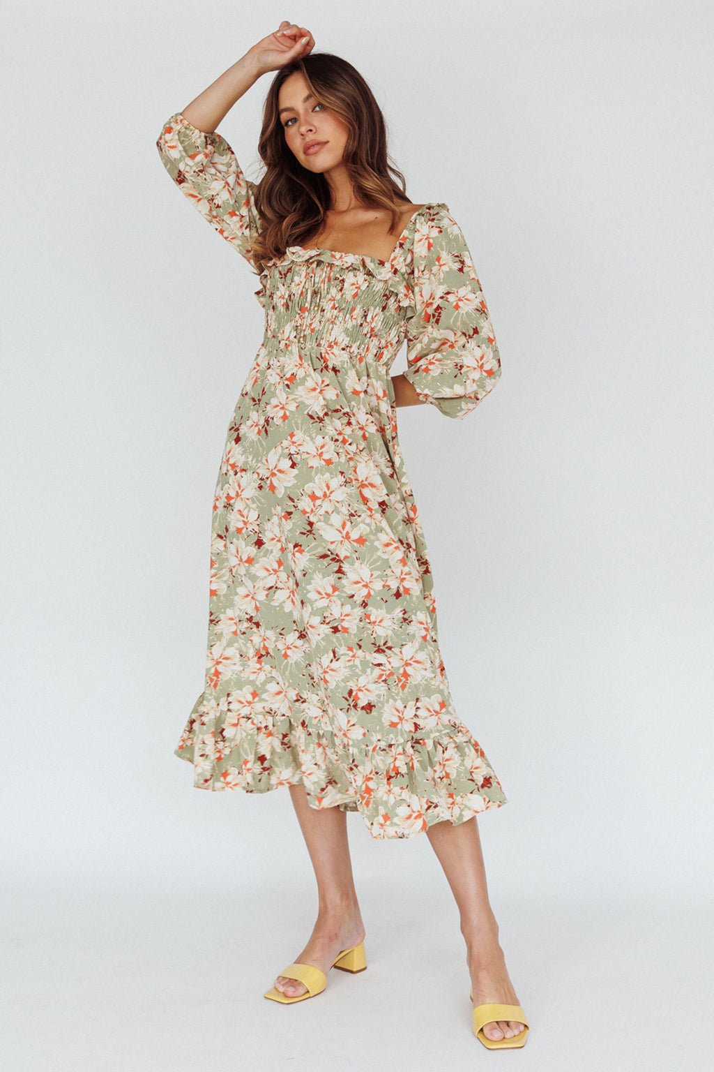 Flynn Balloon Sleeve Shirred Midi Dress Floral Green by Selfie Leslie