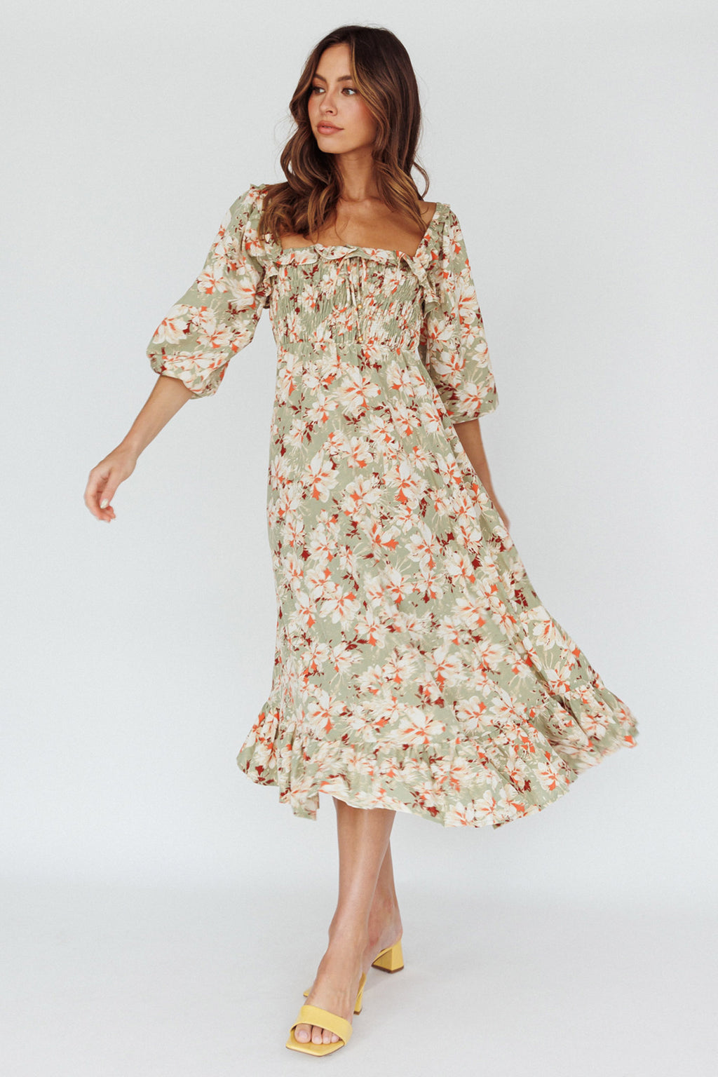 Flynn Balloon Sleeve Shirred Midi Dress Floral Green by Selfie Leslie