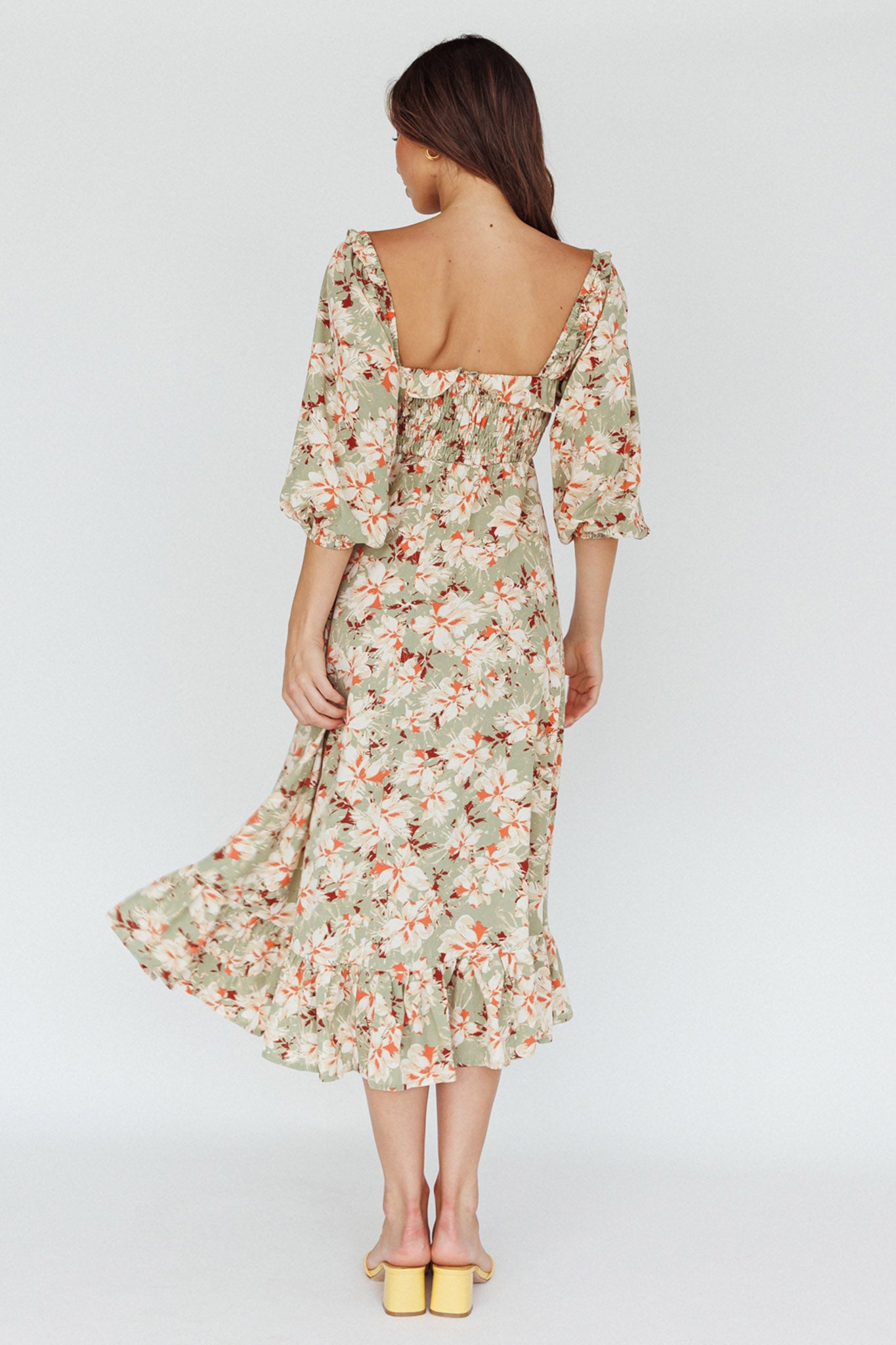 Flynn Balloon Sleeve Shirred Midi Dress Floral Green by Selfie Leslie