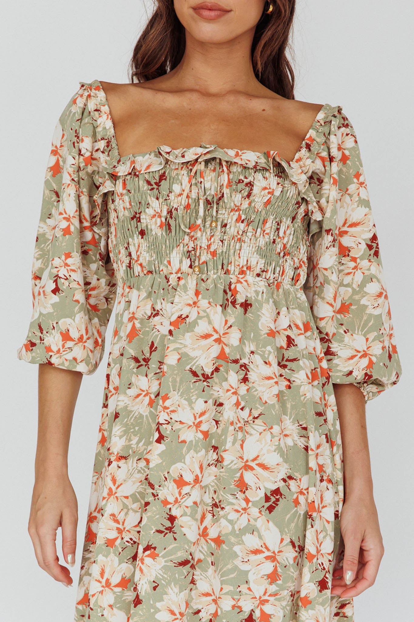 Flynn Balloon Sleeve Shirred Midi Dress Floral Green by Selfie Leslie