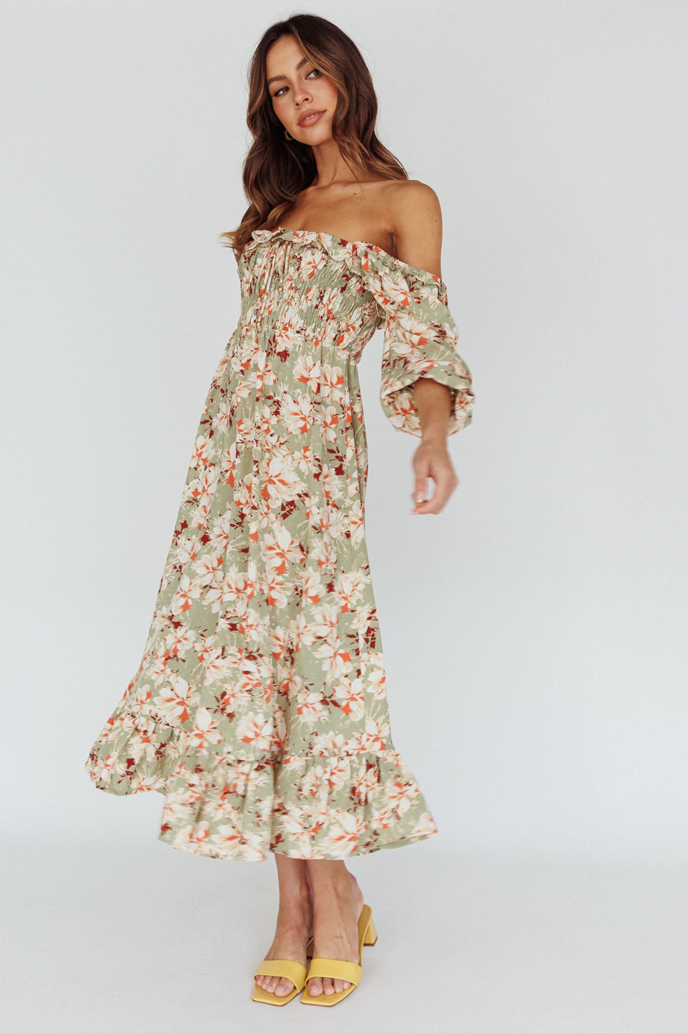 Flynn Balloon Sleeve Shirred Midi Dress Floral Green by Selfie Leslie