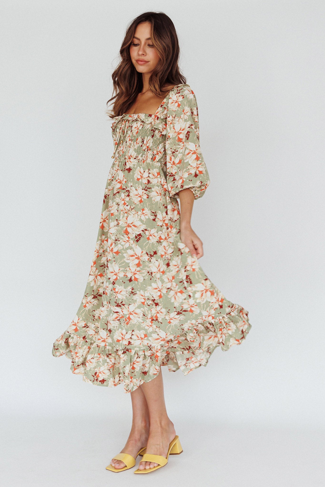 Flynn Balloon Sleeve Shirred Midi Dress Floral Green by Selfie Leslie