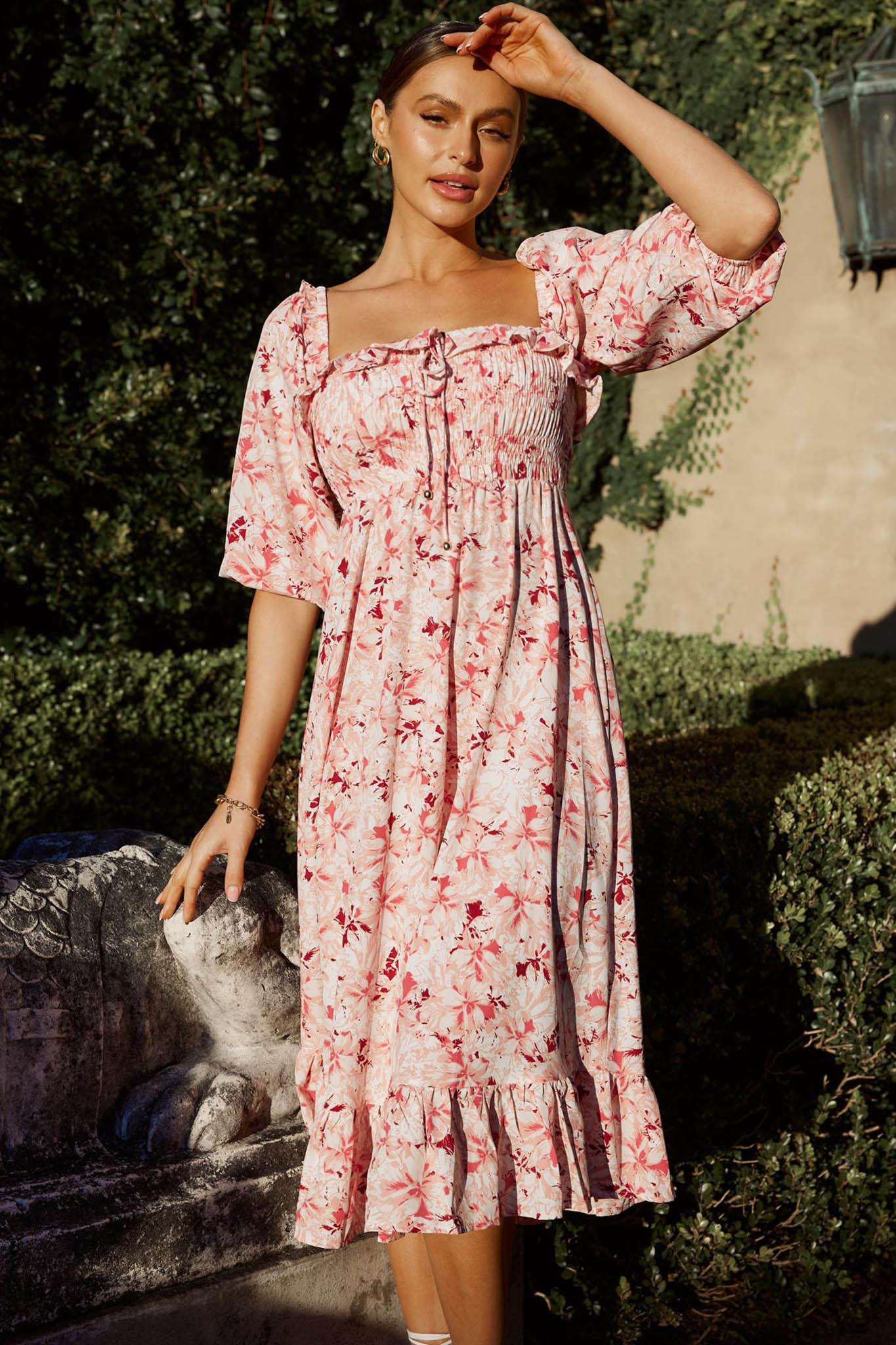 Flynn Balloon Sleeve Shirred Midi Dress Floral Pink by Selfie Leslie