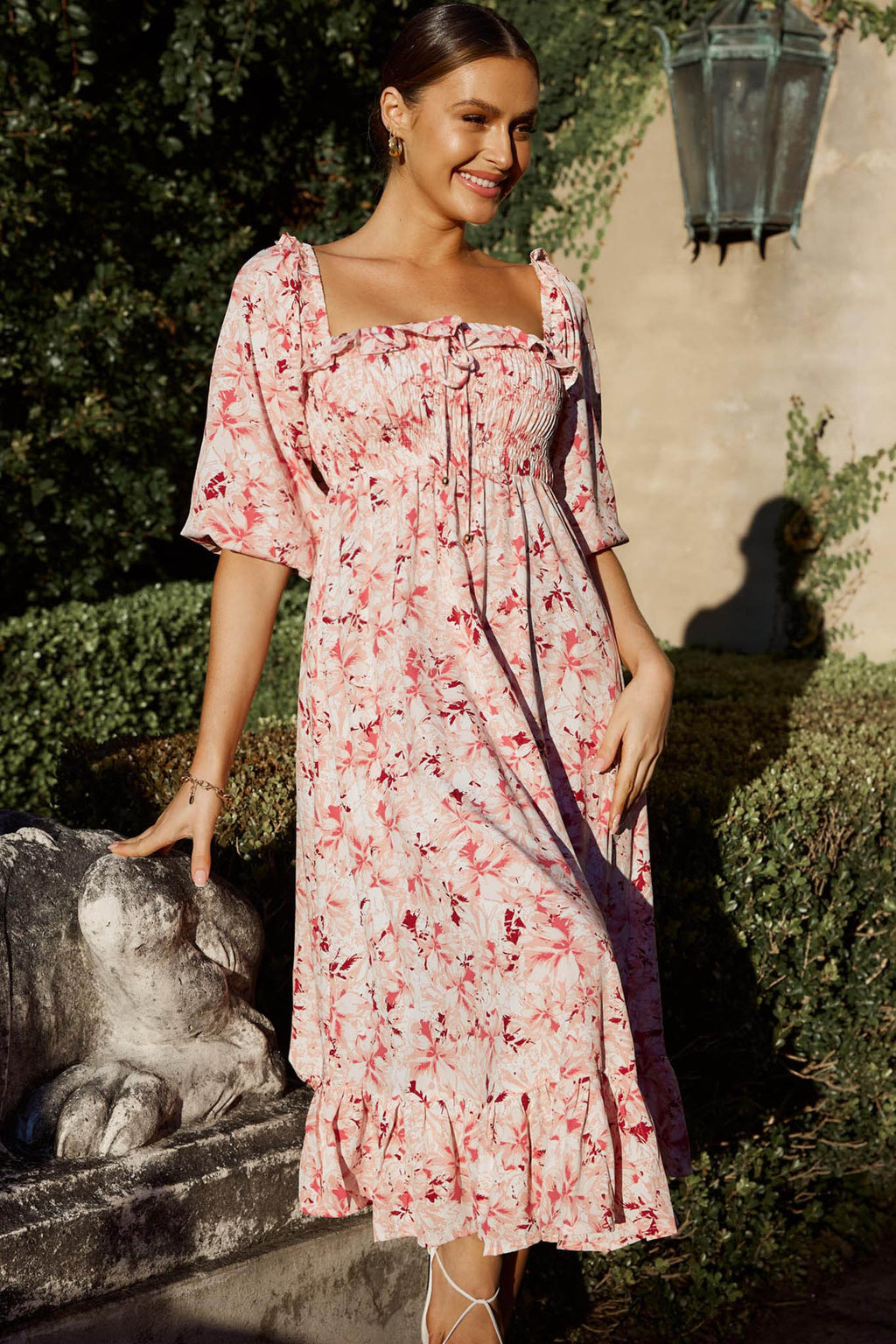 Flynn Balloon Sleeve Shirred Midi Dress Floral Pink by Selfie Leslie