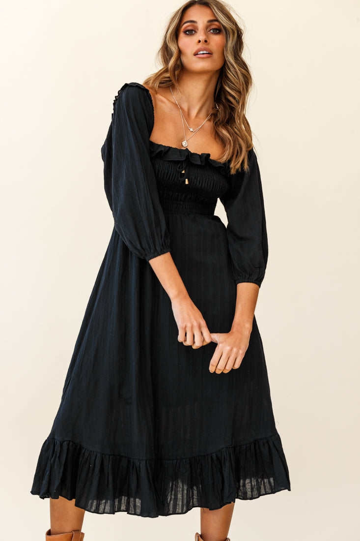 Flynn Off-Shoulder Shirred Bust Midi Dress Black by Selfie Leslie