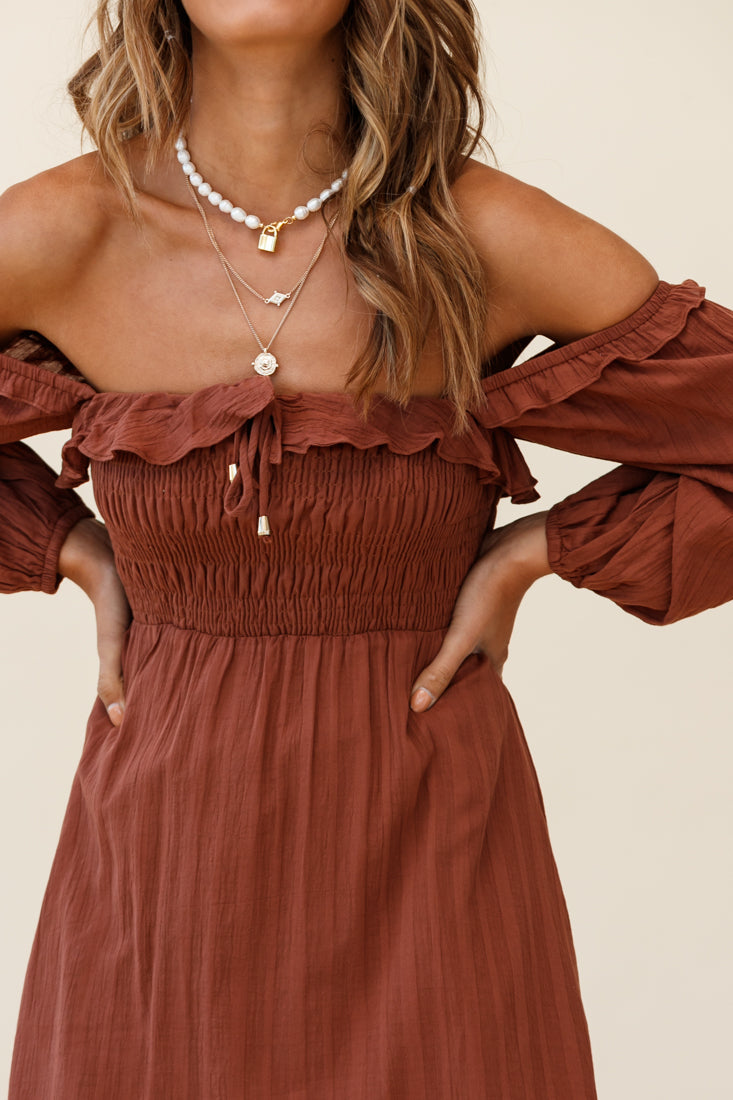Flynn Off-Shoulder Shirred Bust Midi Dress Tan by Selfie Leslie