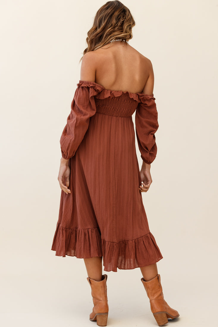 off shoulder shirred maxi dress Flynn Off-Shoulder Shirred Bust Midi Dress Tan– Selfie Leslie