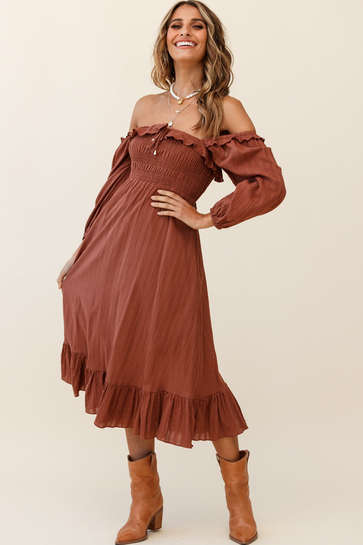 Flynn Off-Shoulder Shirred Bust Midi Dress Tan by Selfie Leslie