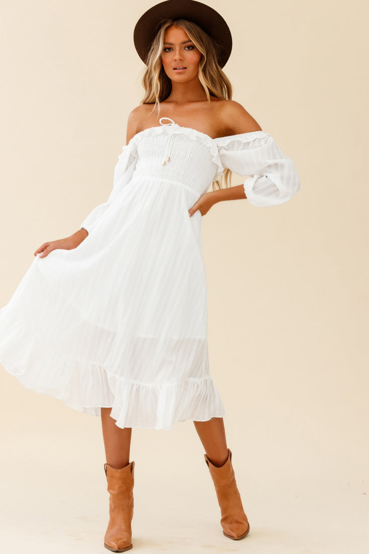 Sherry Tied Shoulder Shirred Bust Dress White