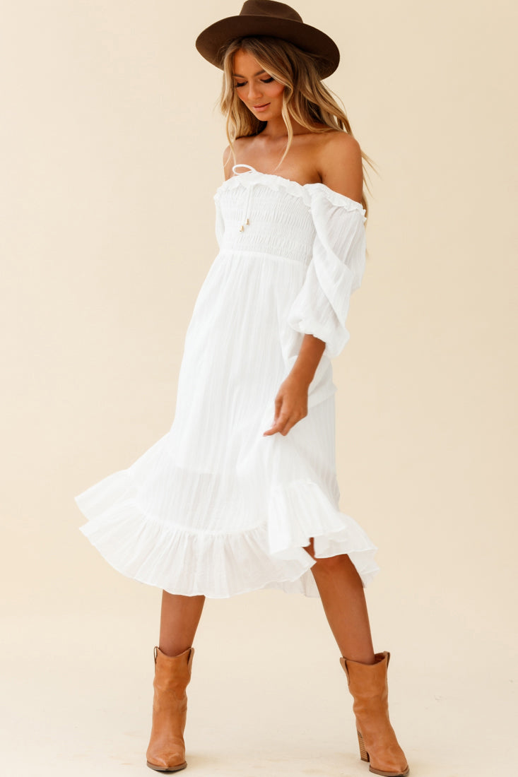 Flynn Off-Shoulder Shirred Bust Midi Dress White by Selfie Leslie