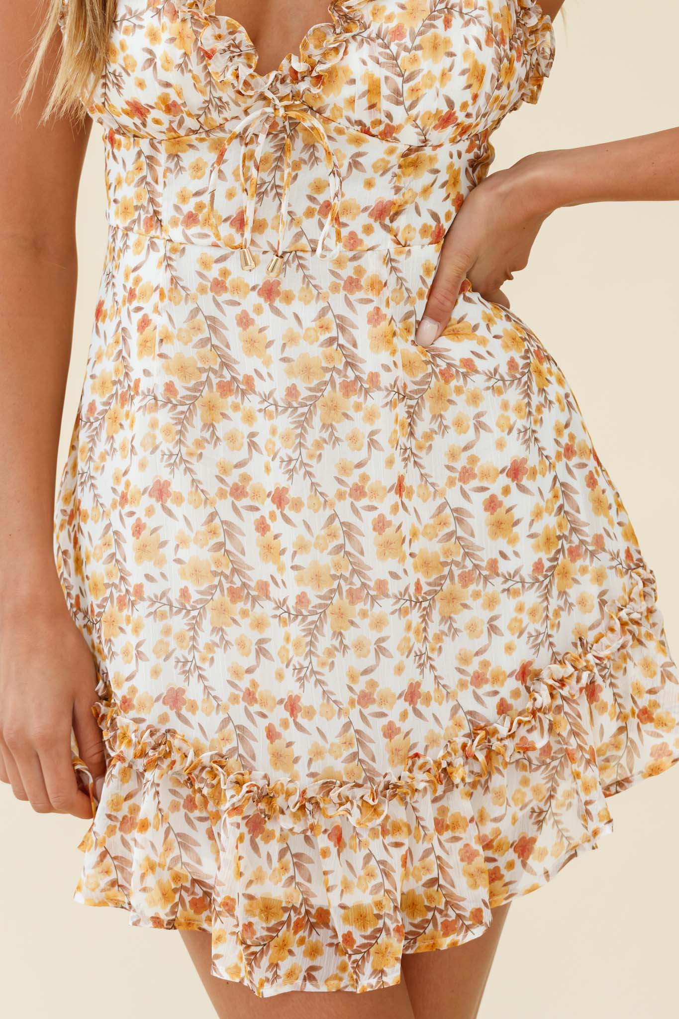 Match Maker Criss-Cross Back Frill Trim Dress Floral Print Yellow Multi by Selfie Leslie