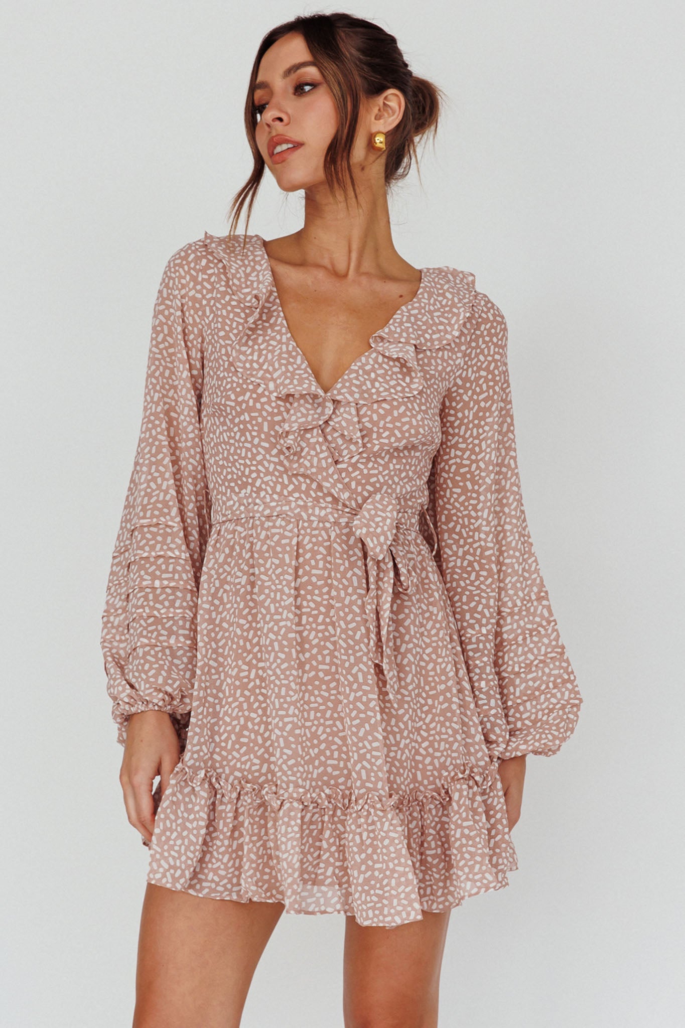 Marcheline Balloon Sleeve Waist Tie Dress Sprinkle Print Pink by Selfie Leslie