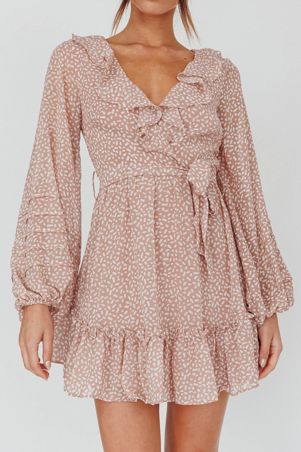 Marcheline Balloon Sleeve Waist Tie Dress Sprinkle Print Pink by Selfie Leslie