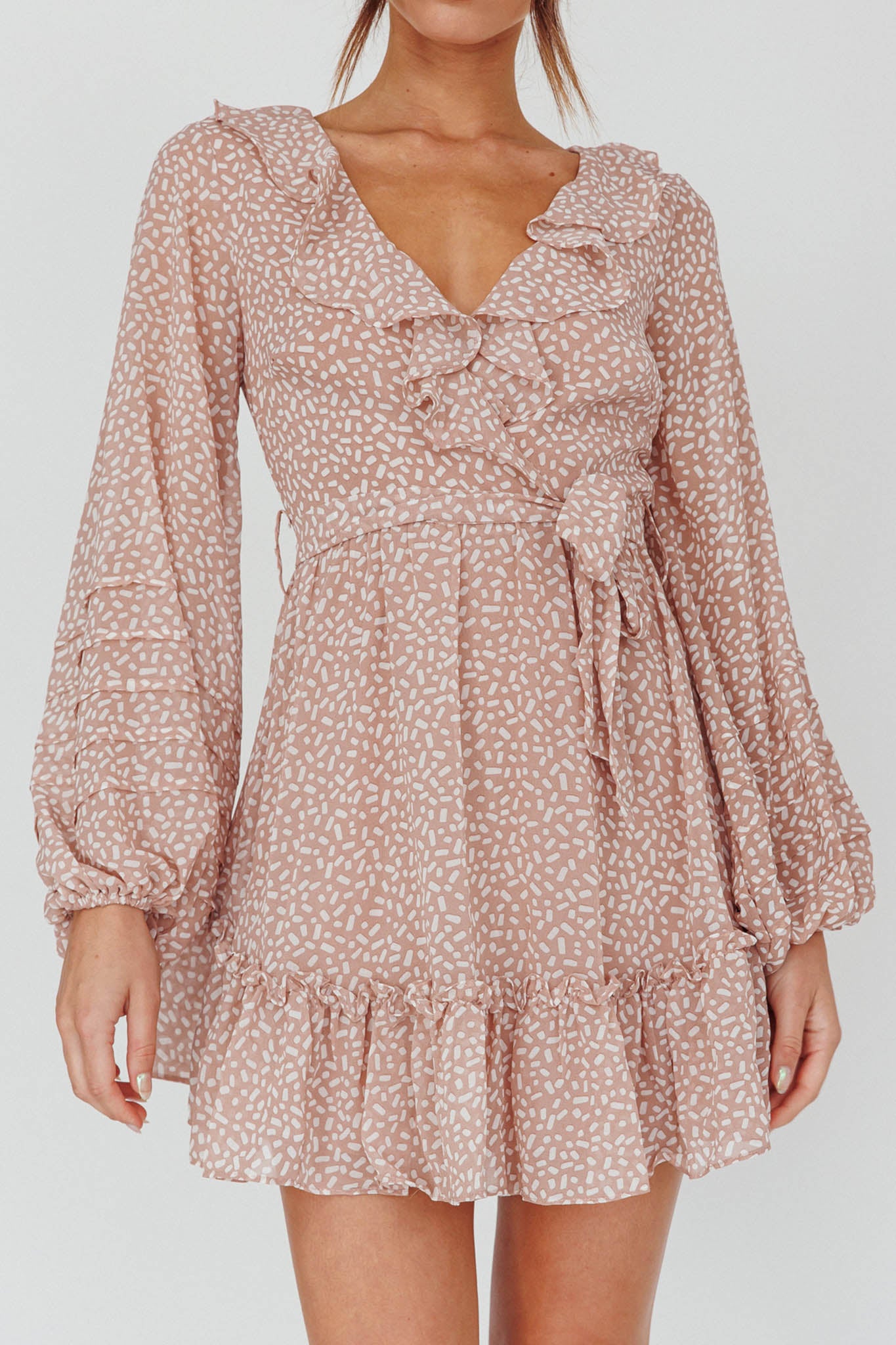 Marcheline Balloon Sleeve Waist Tie Dress Sprinkle Print Pink by Selfie Leslie