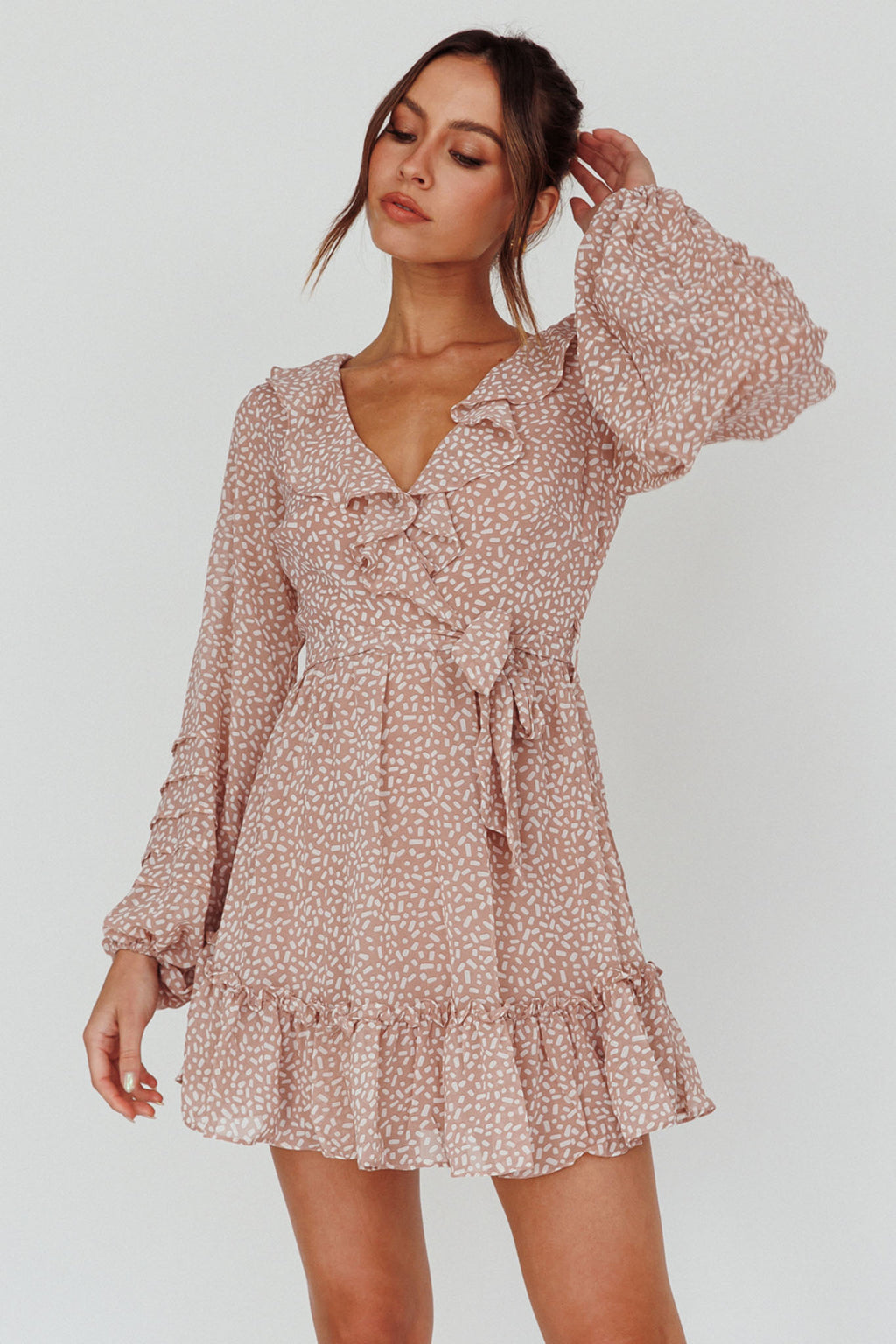 Marcheline Balloon Sleeve Waist Tie Dress Sprinkle Print Pink by Selfie Leslie