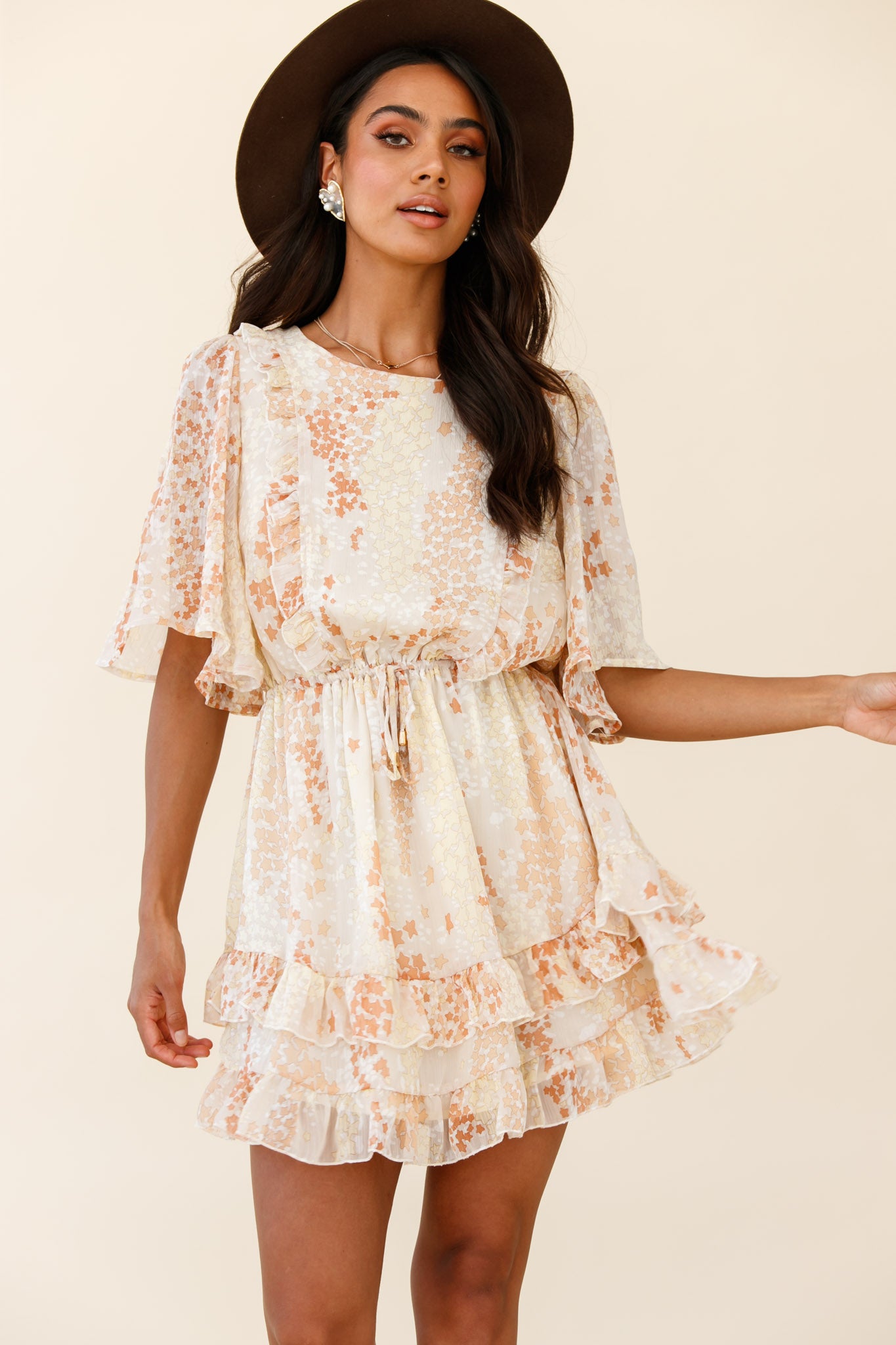 Stars Aligned Angel Sleeve Drawstring Waist Dress Star Print Orange by Selfie Leslie