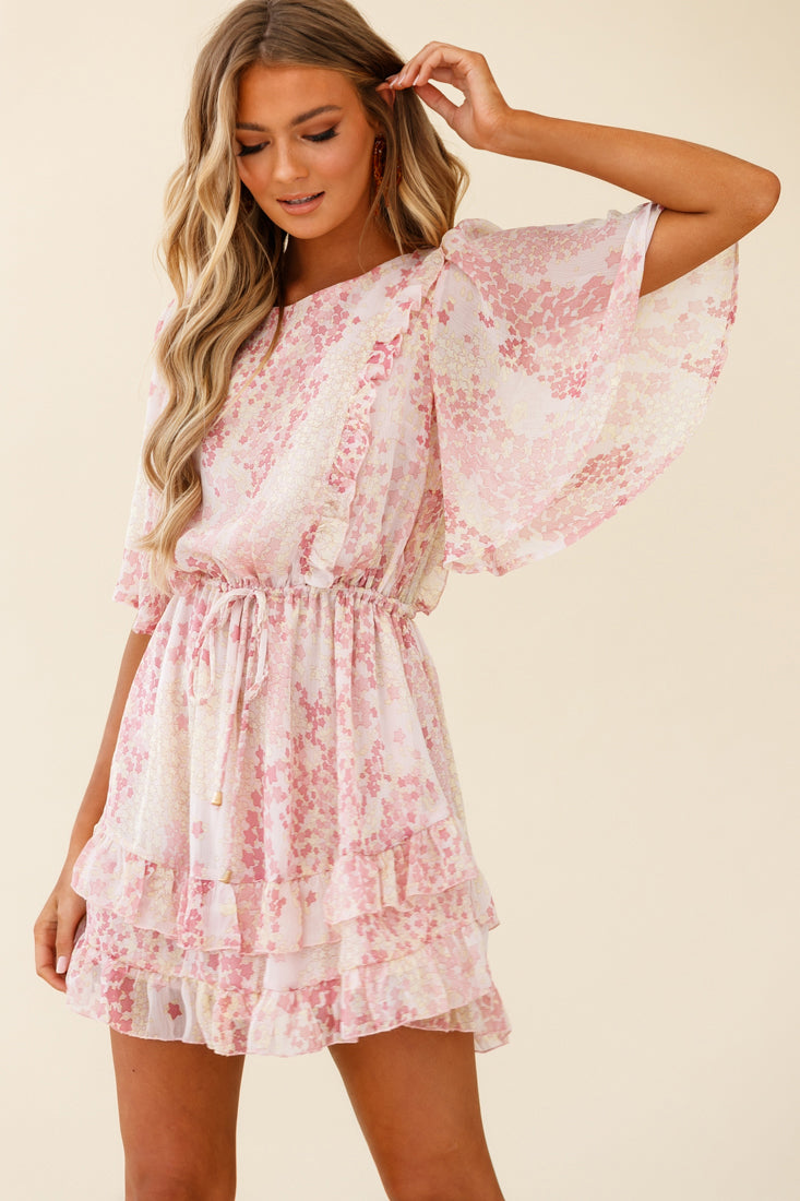 Stars Aligned Angel Sleeve Drawstring Waist Dress Star Print Pink by Selfie Leslie
