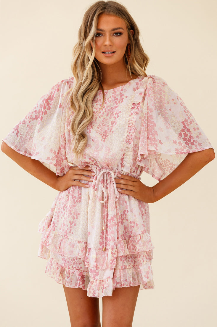 Stars Aligned Angel Sleeve Drawstring Waist Dress Star Print Pink by Selfie Leslie