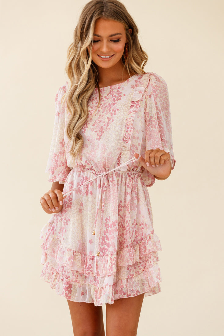Stars Aligned Angel Sleeve Drawstring Waist Dress Star Print Pink by Selfie Leslie