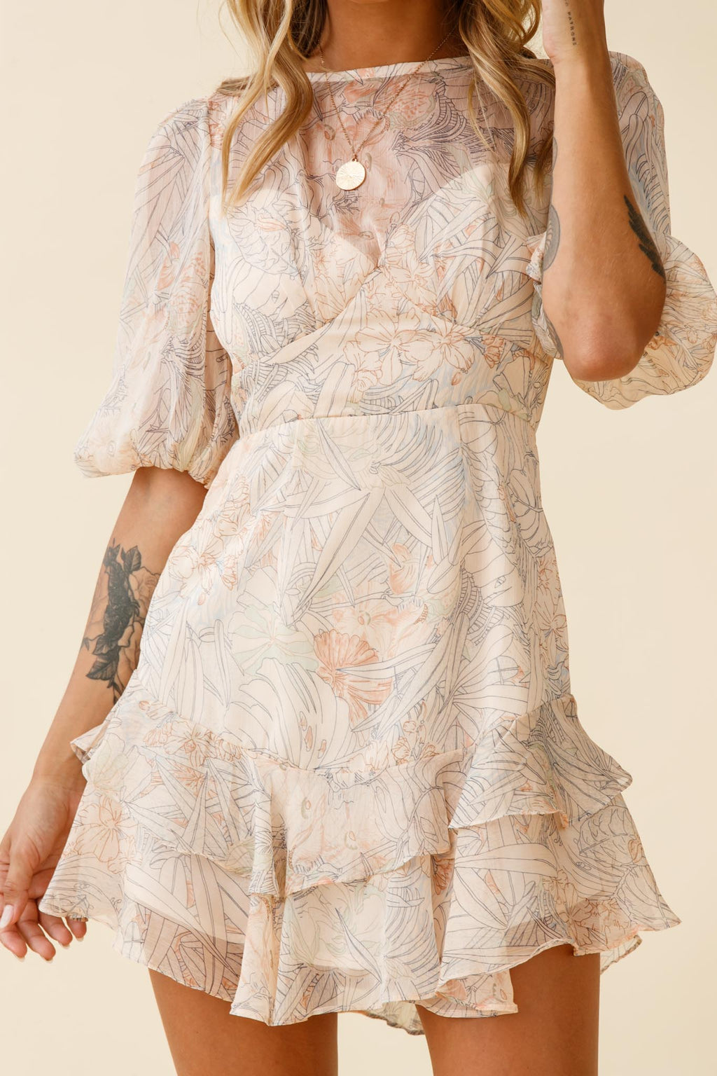 She Knows Puff Sleeve Ruffle Trim Dress Botanic Print Nude by Selfie Leslie