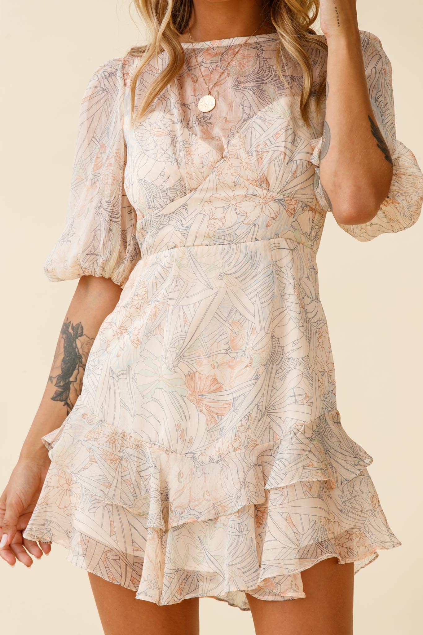 She Knows Puff Sleeve Ruffle Trim Dress Botanic Print Nude by Selfie Leslie