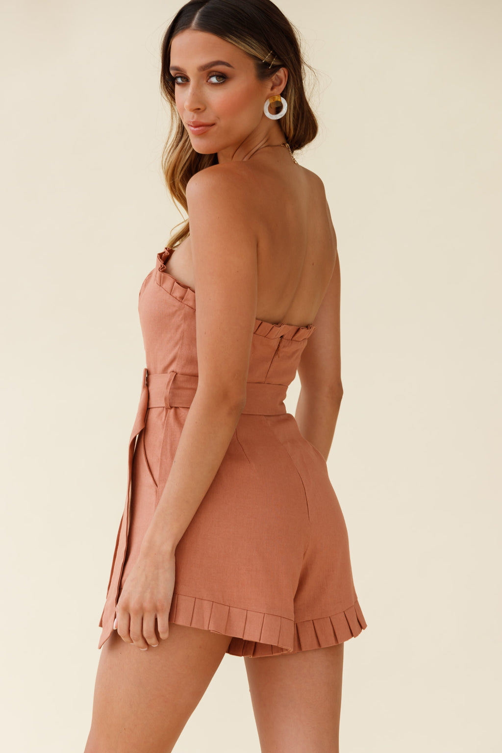 Elodie Pleat Trim Belted Skort Romper Tan by Selfie Leslie