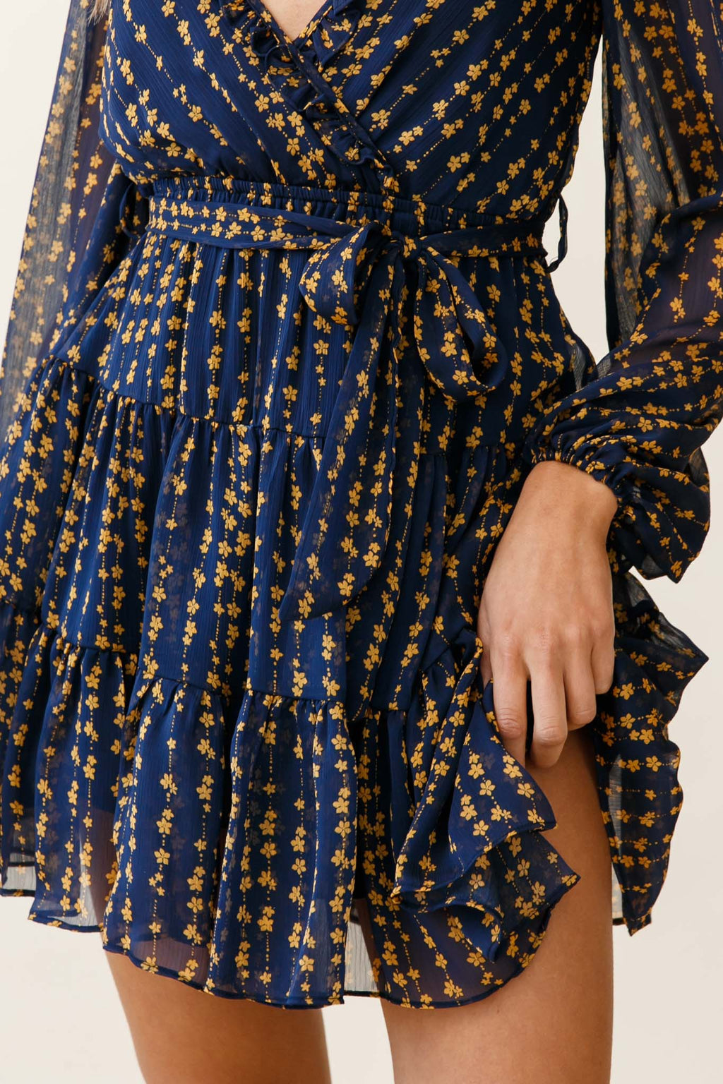 Floating On Clouds Long Sleeve Frill Trim Dress Floral Print Navy by Selfie Leslie