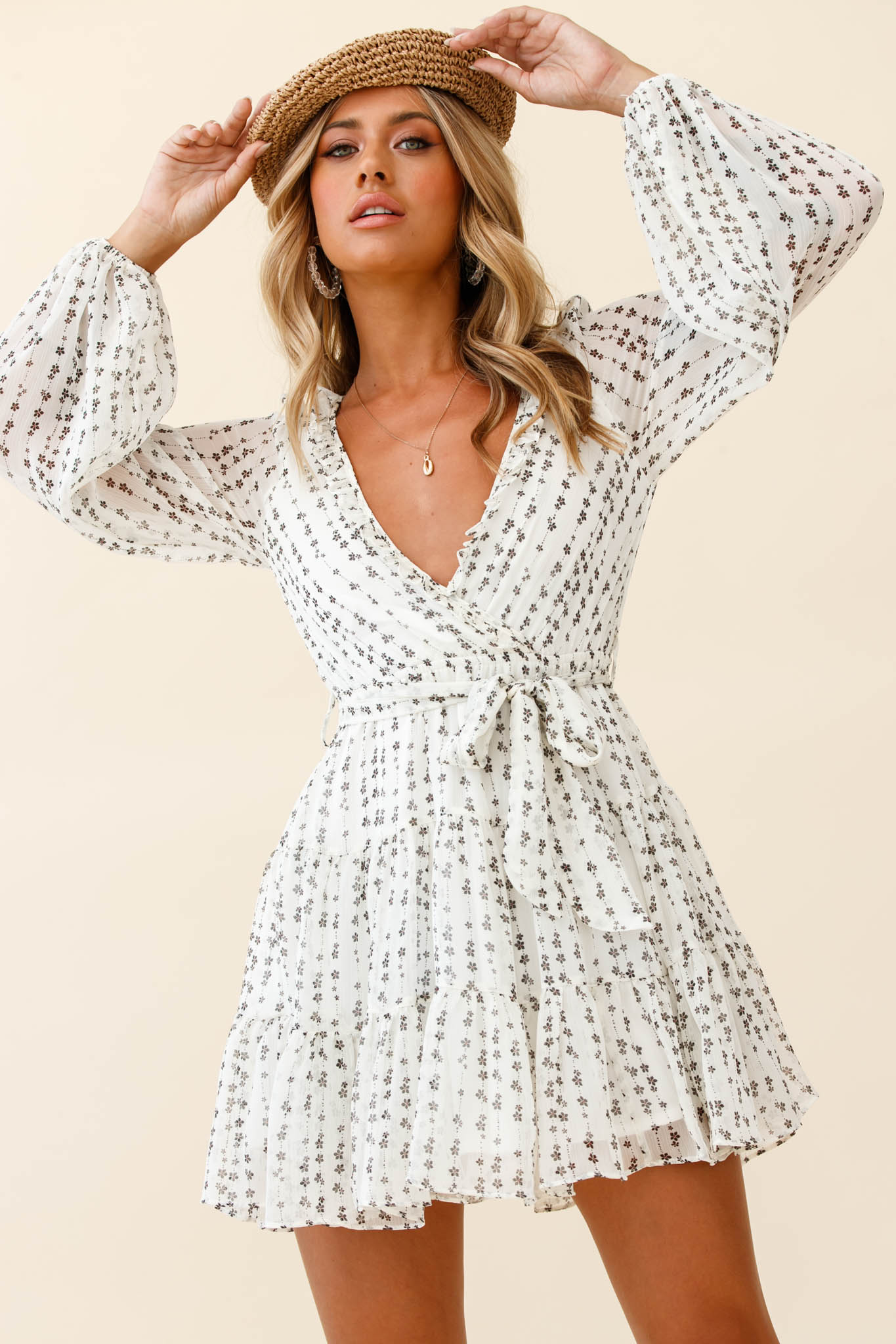 Floating On Clouds Long Sleeve Frill Trim Dress Floral Print White by Selfie Leslie