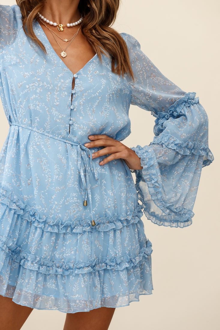 Winslet Long Sleeve Placket Bust Frill Detail Dress Floral Print Blue by Selfie Leslie
