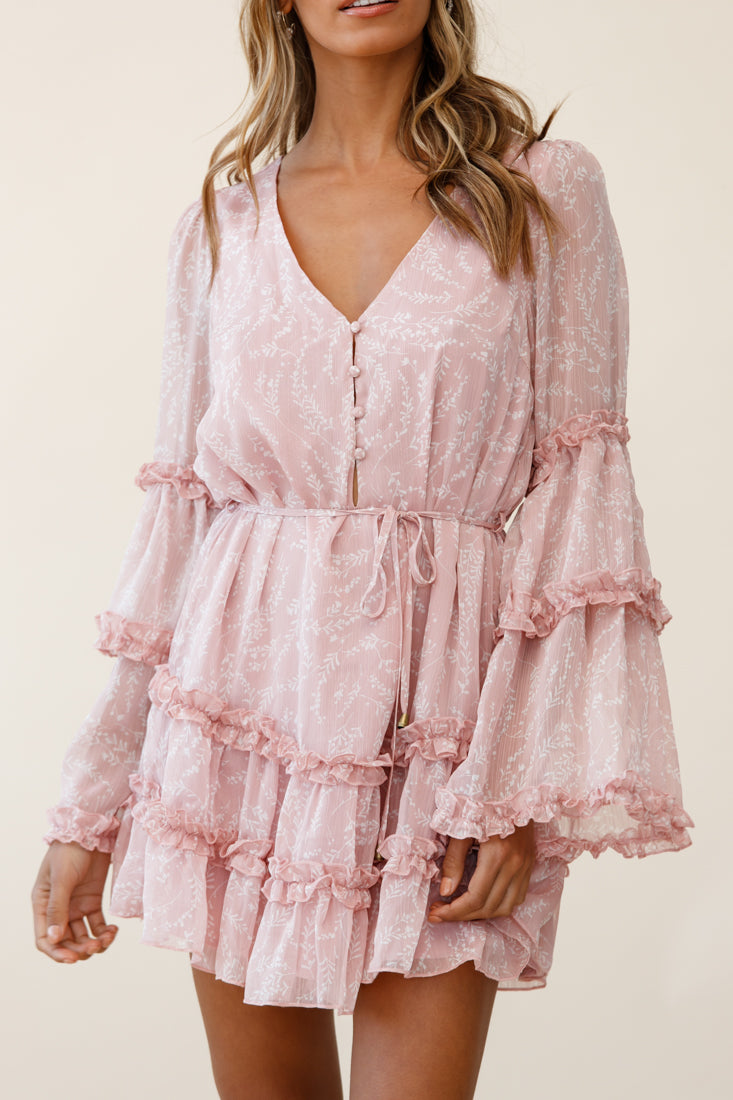 Winslet Long Sleeve Placket Bust Frill Detail Dress Floral Print Pink by Selfie Leslie