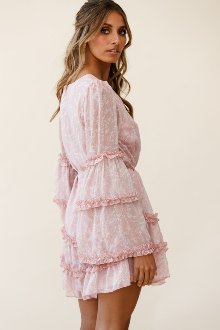 Winslet Long Sleeve Placket Bust Frill Detail Dress Floral Print Pink by Selfie Leslie
