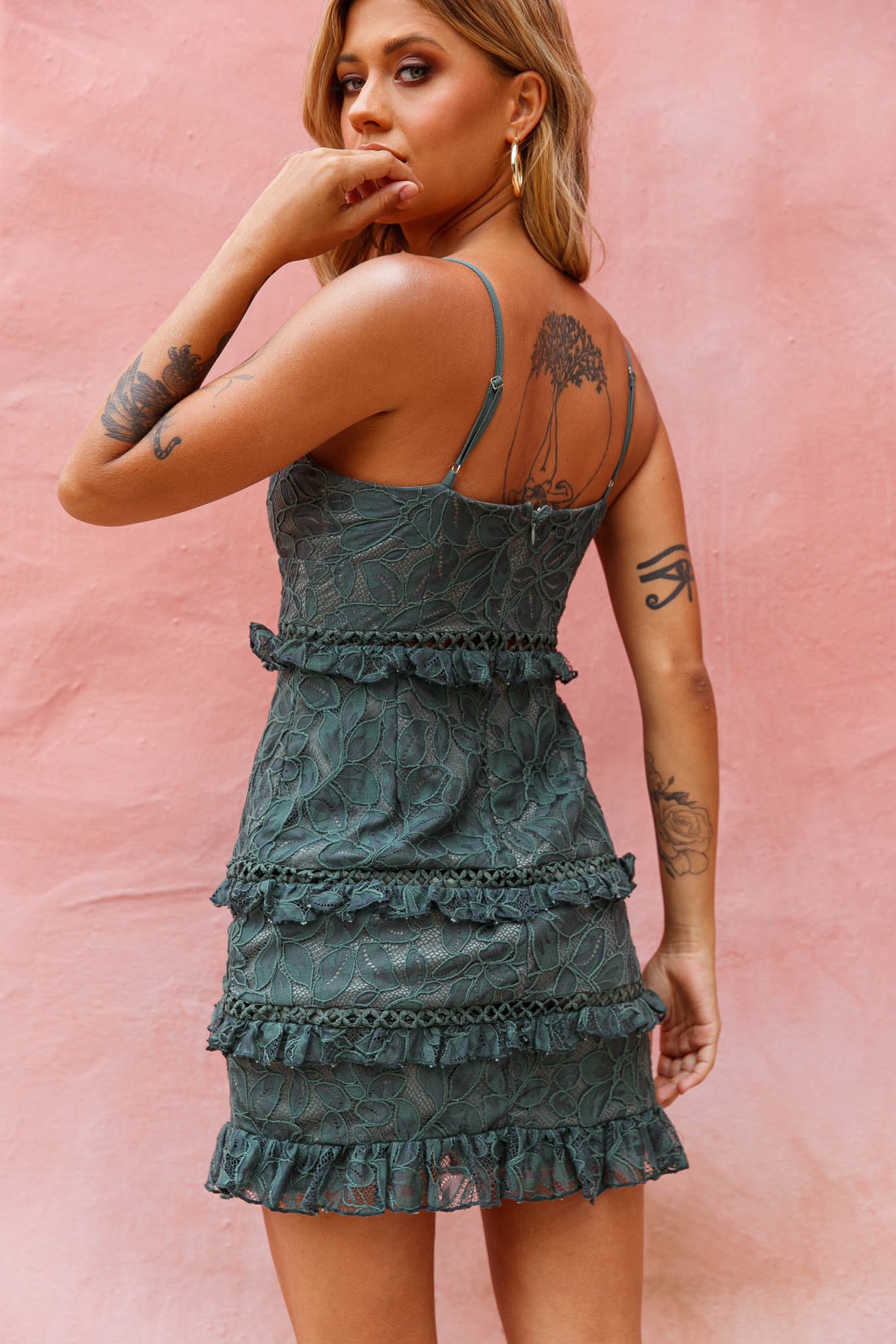 Dear Lover Cami Strap Frill Detail Lace Dress Green Dear Lover Cami Strap Frill Detail Lace Dress Green