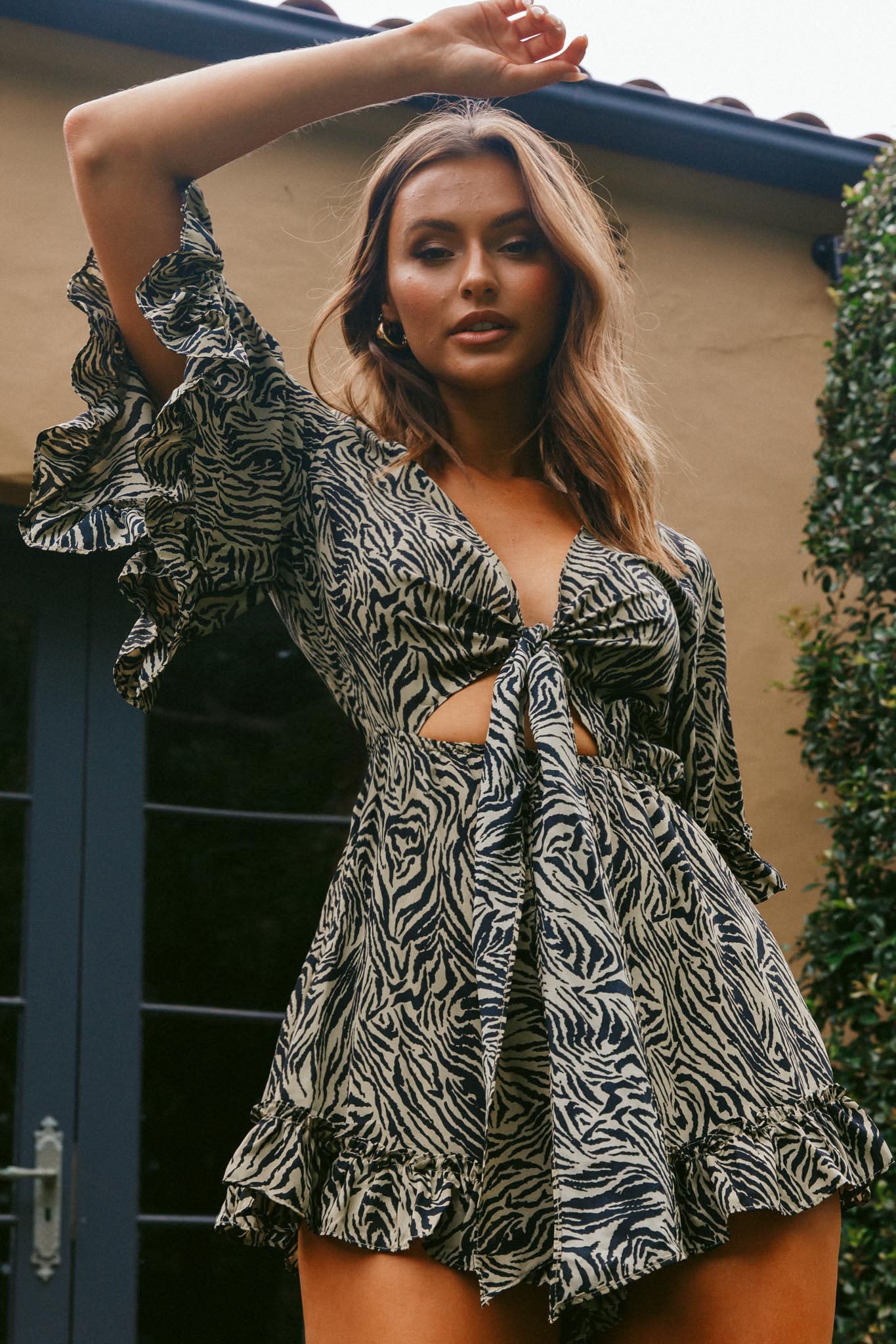 Athira Tied Bust Flared Sleeve Romper Zebra Print Black/Olive by Selfie Leslie