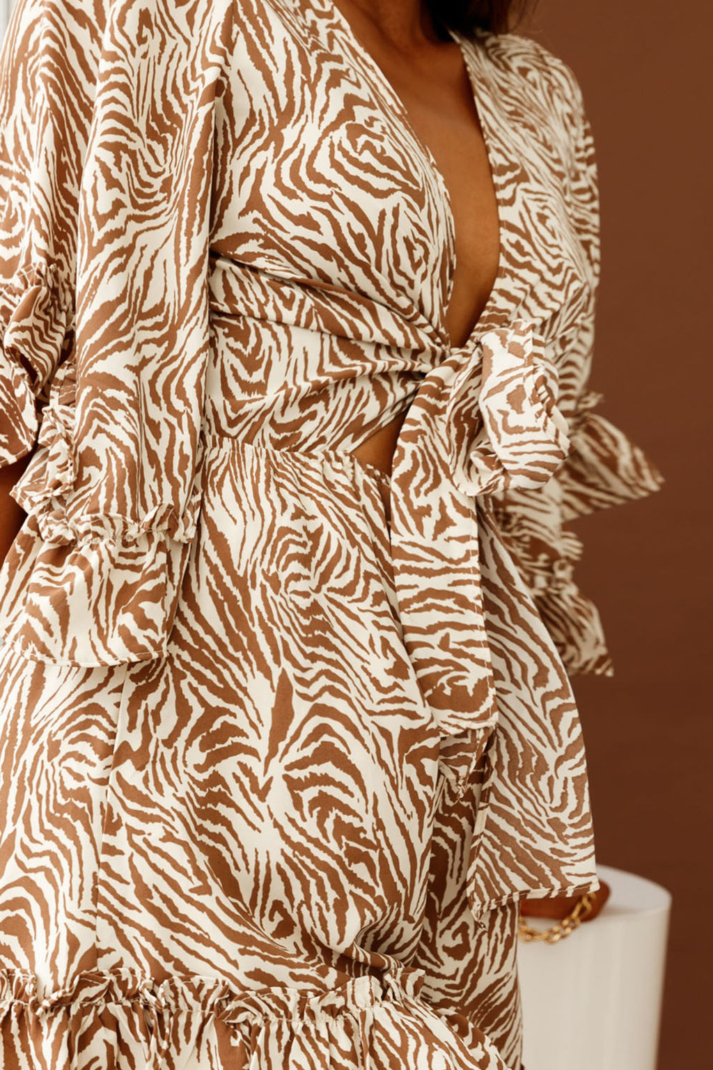 Athira Tied Bust Flared Sleeve Romper Zebra Print Brown/Beige by Selfie Leslie