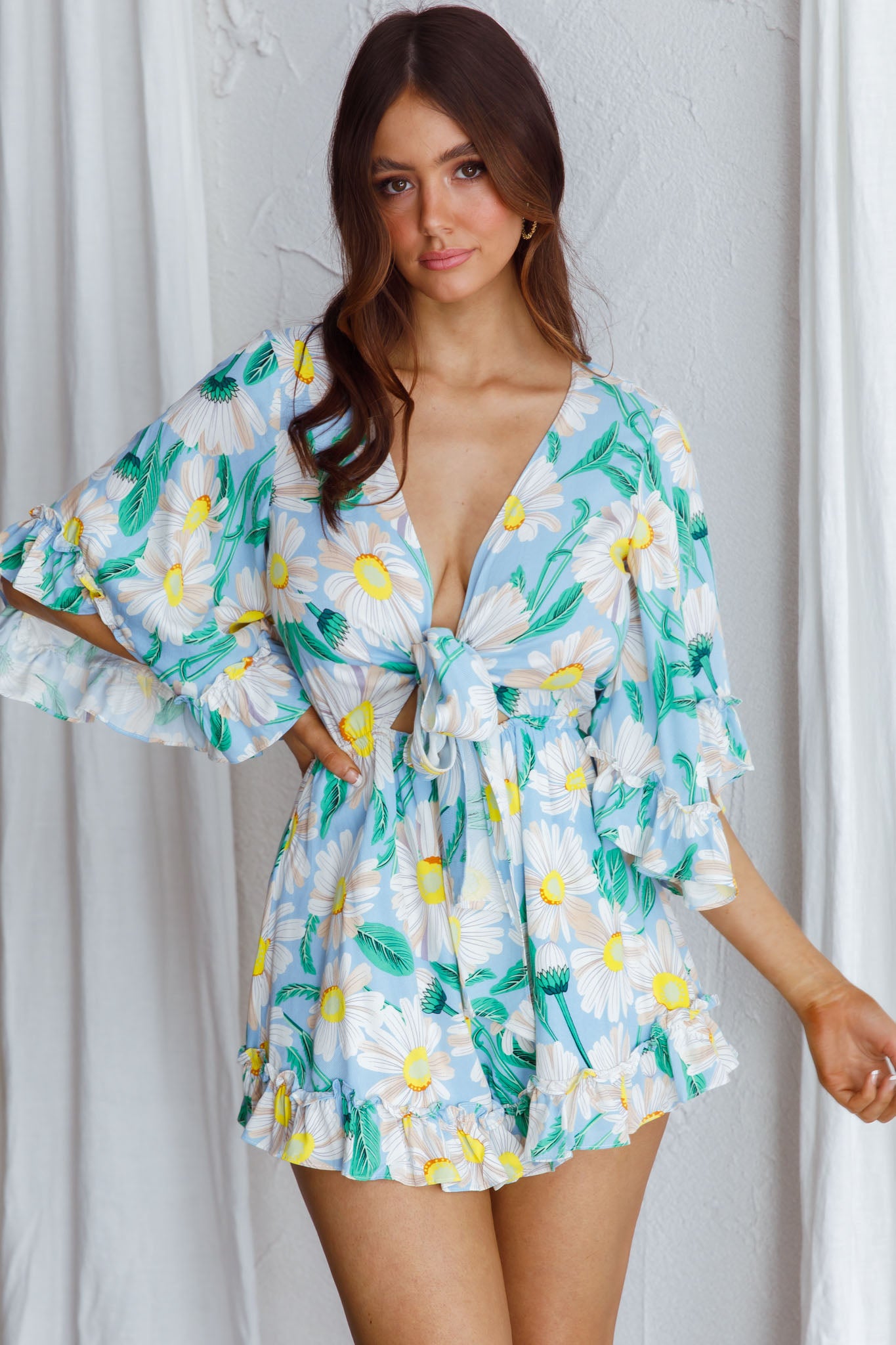 Athira Tied Bust Flared Sleeve Romper Daisy Blue by Selfie Leslie