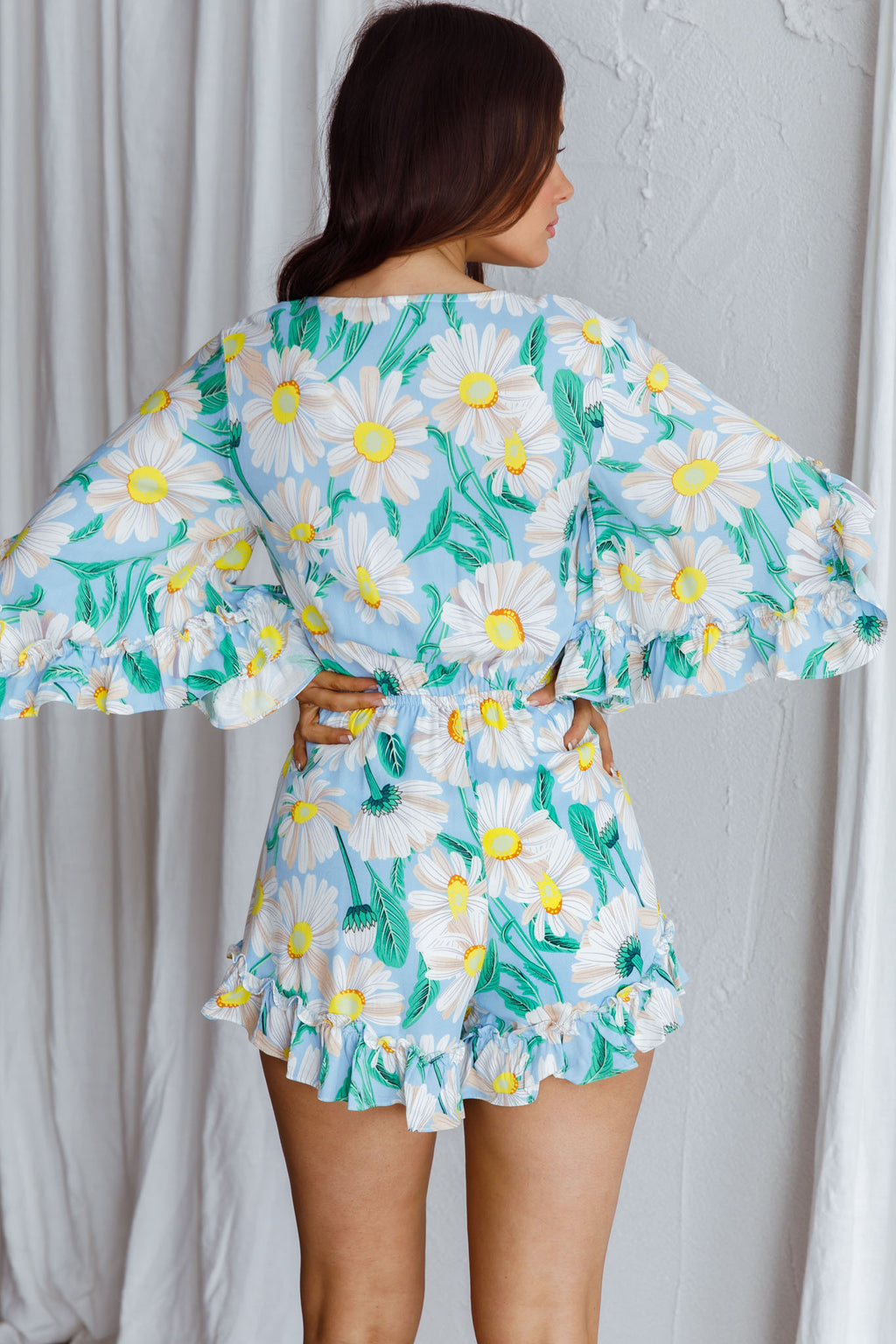 Athira Tied Bust Flared Sleeve Romper Daisy Blue by Selfie Leslie