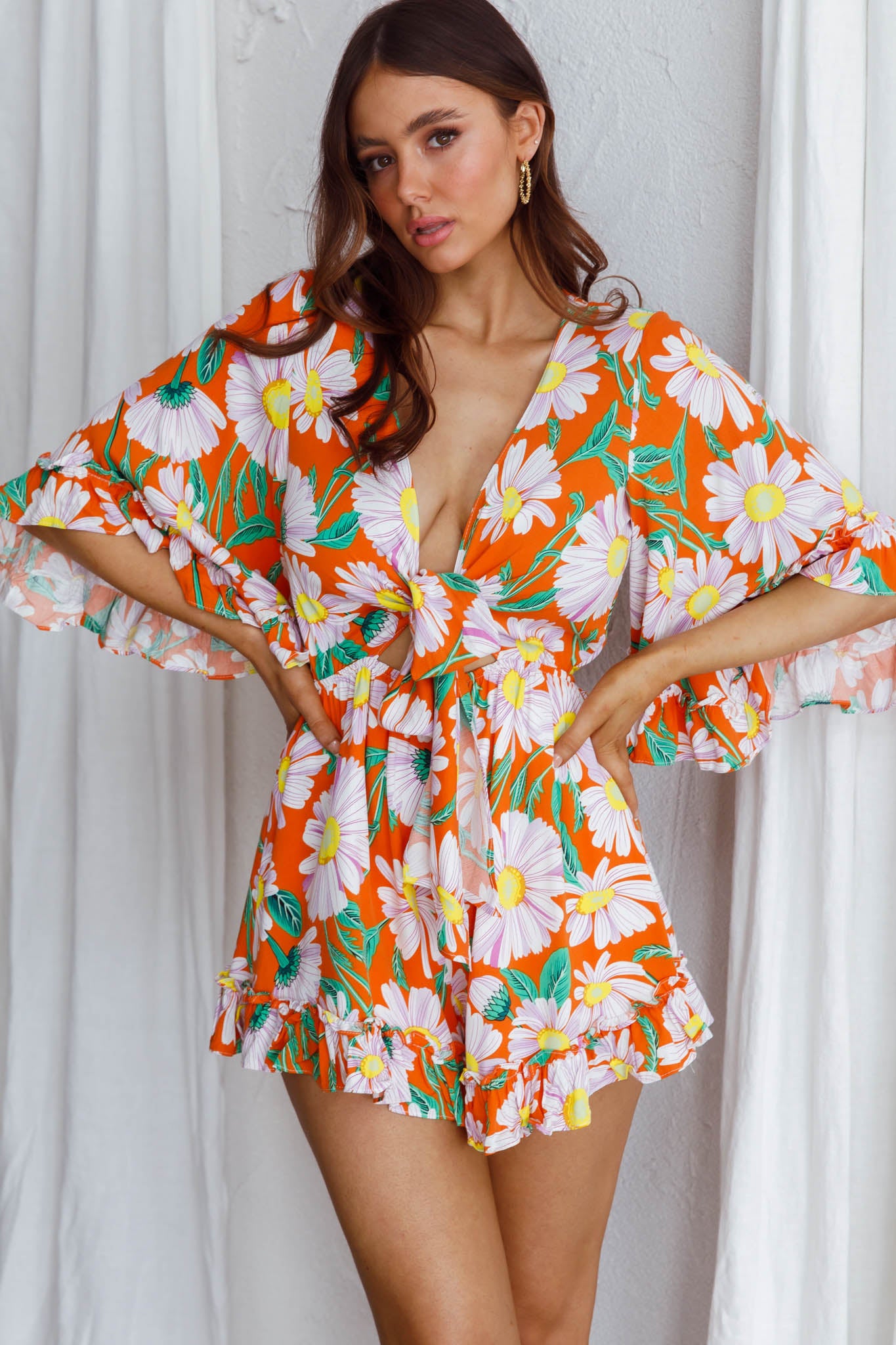 Athira Tied Bust Flared Sleeve Romper Daisy Orange by Selfie Leslie