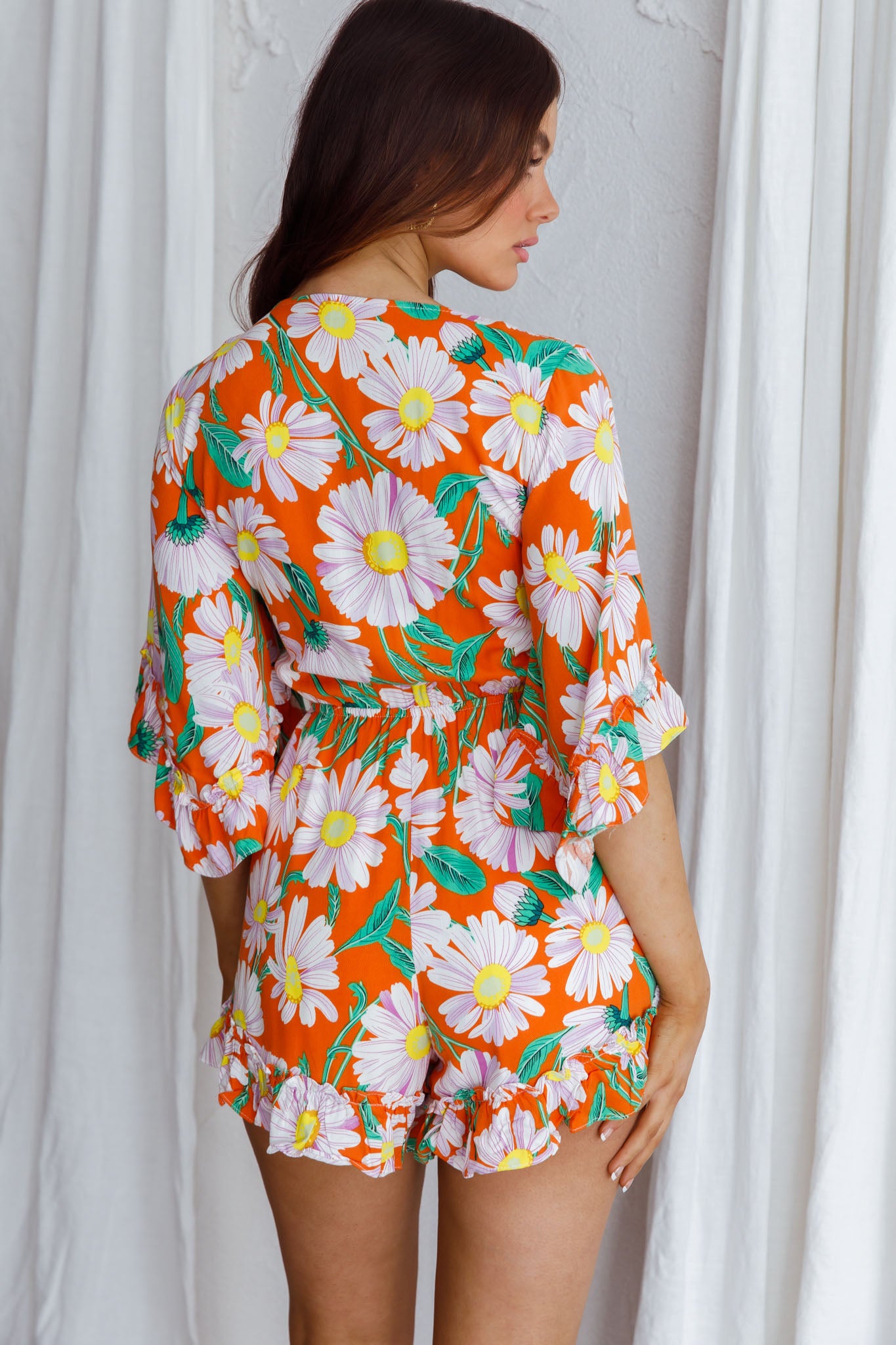 Athira Tied Bust Flared Sleeve Romper Daisy Orange by Selfie Leslie