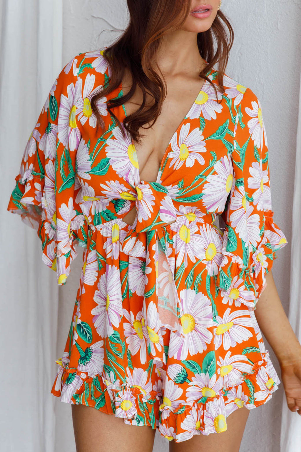 Athira Tied Bust Flared Sleeve Romper Daisy Orange by Selfie Leslie